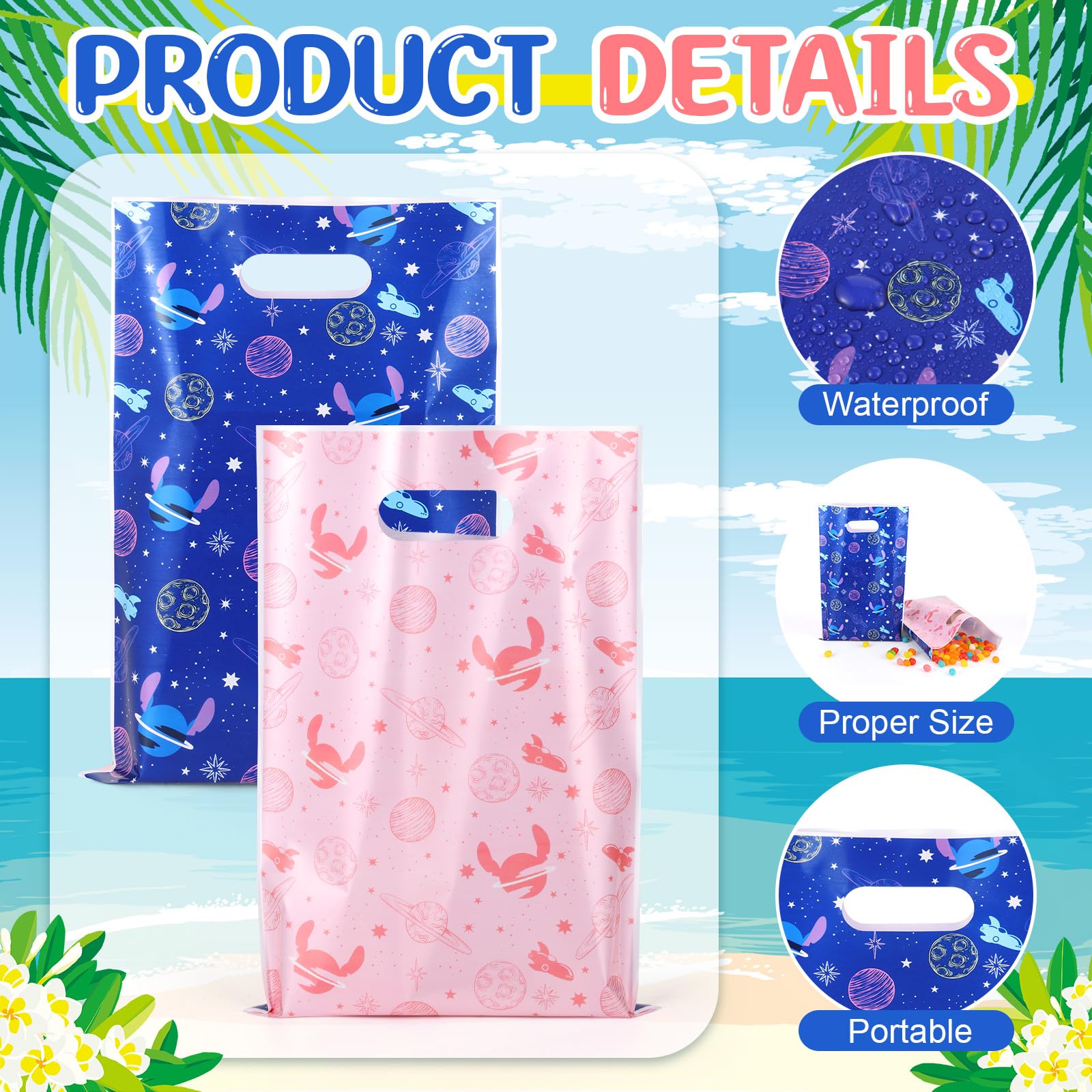 Czlotyh 50 PCS Cartoon Themed Party Favor Bags Plastic Birthday Goodie Bags Blue Pink Candy Bags for Holiday Birthday Party Gift Giving Decorations
