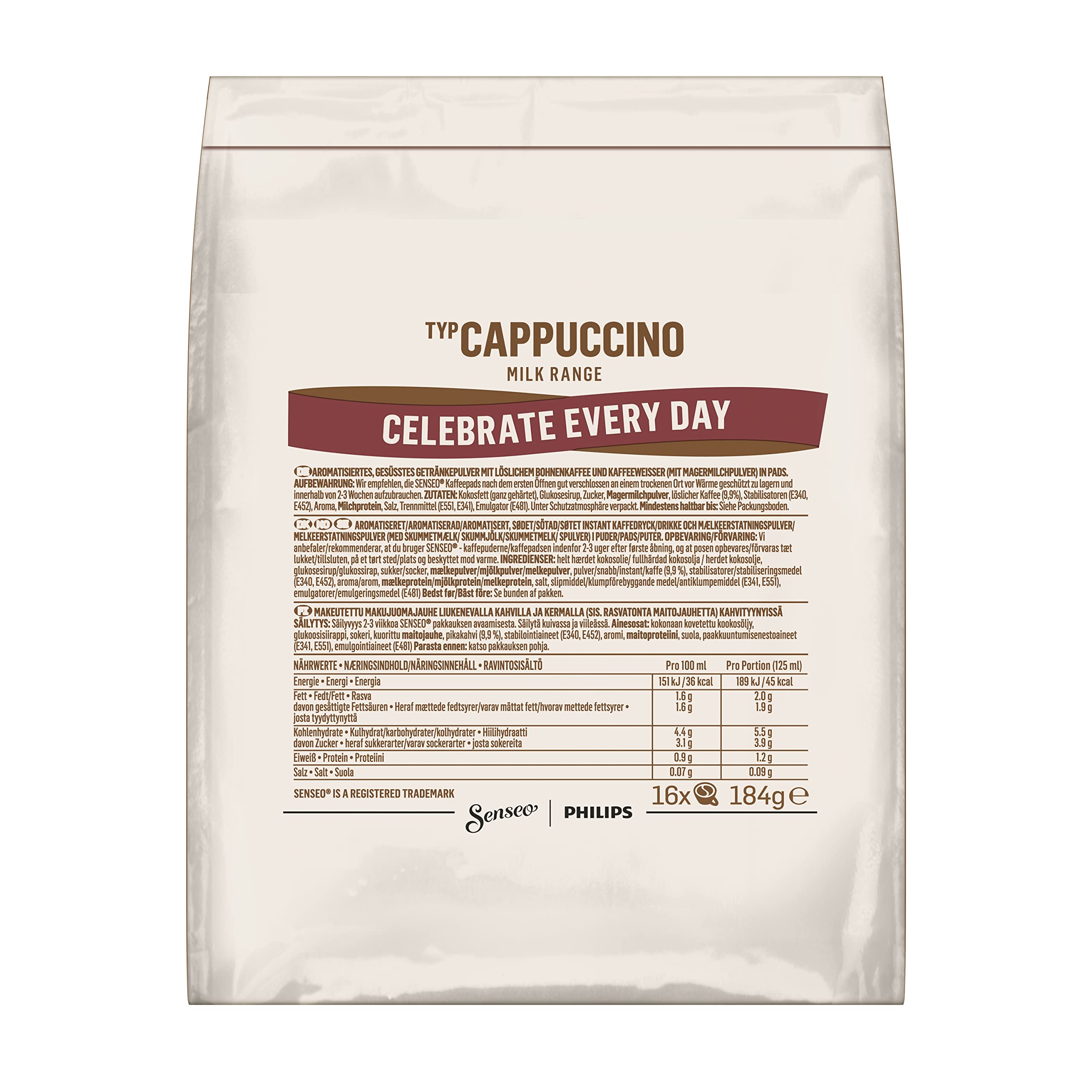Senseo Pads Cappuccino, 80 Kaffeepads, 5er Vorteilspack, 5 x 16 Getränke in der Vorratspackung, 0.92 kg
