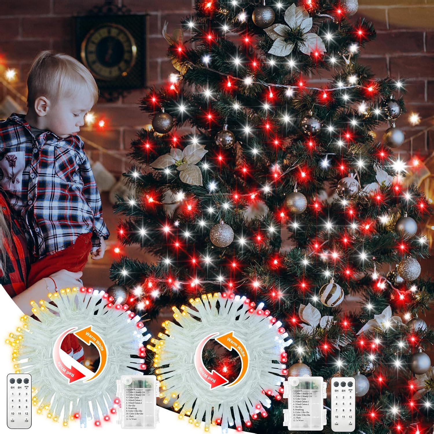 CCILAND 2 Pack Red White Christmas Tree Lights Battery Powered, 200 LED