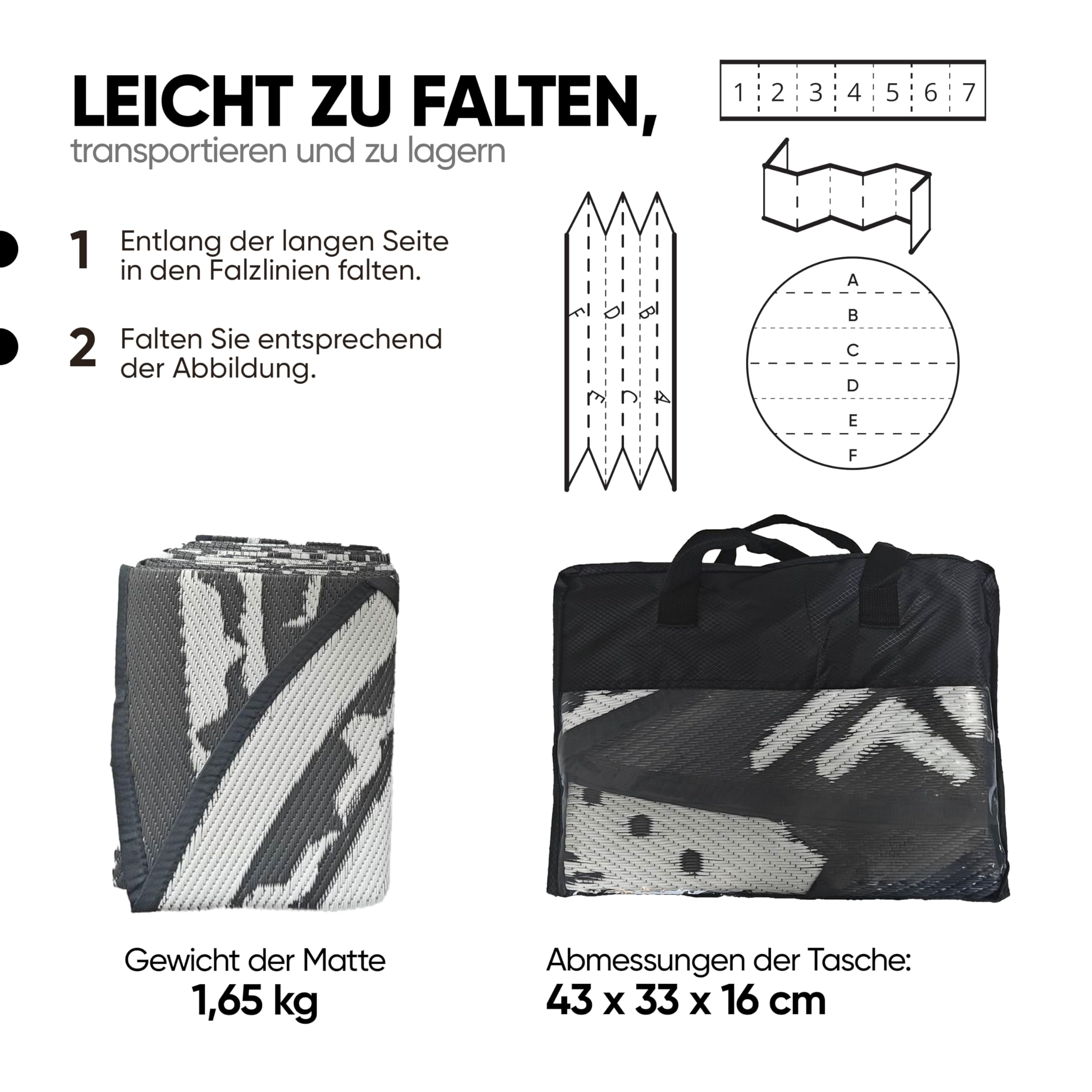 EVOCAMP Outdoor Teppich rund Ø 240 cm, Kunststoffteppich, wetterfest und leicht, Picknickdecke für den Outdoor-Bereich, Vorzeltteppich aus Kunststoff-Fasern, für Terrasse und Balkon (Grau-weiß)
