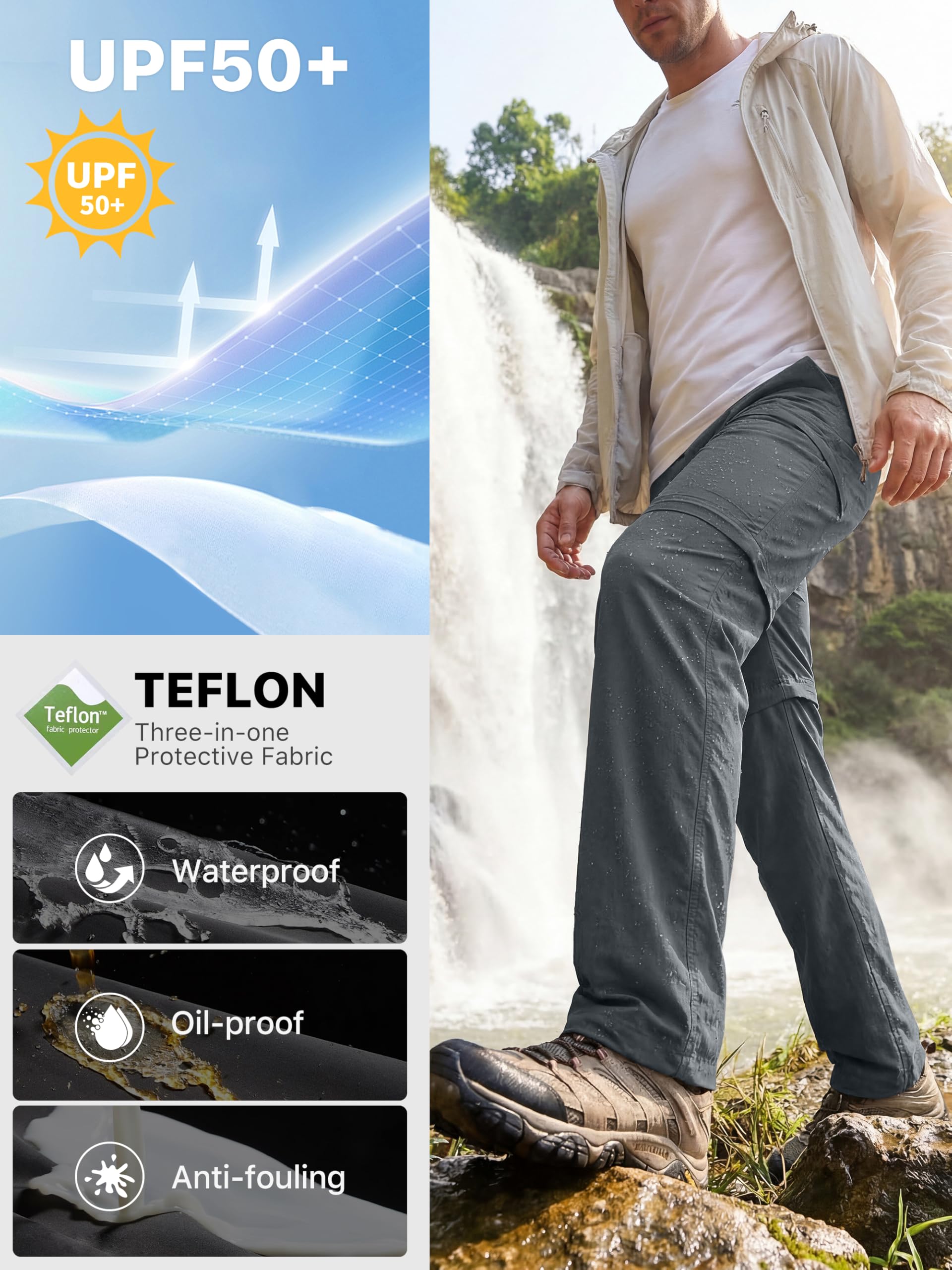 Free Soldier Pantalon convertible de randonnée pour homme Résistant à l'eau UPF 50+ - Gris - 34W x 30L