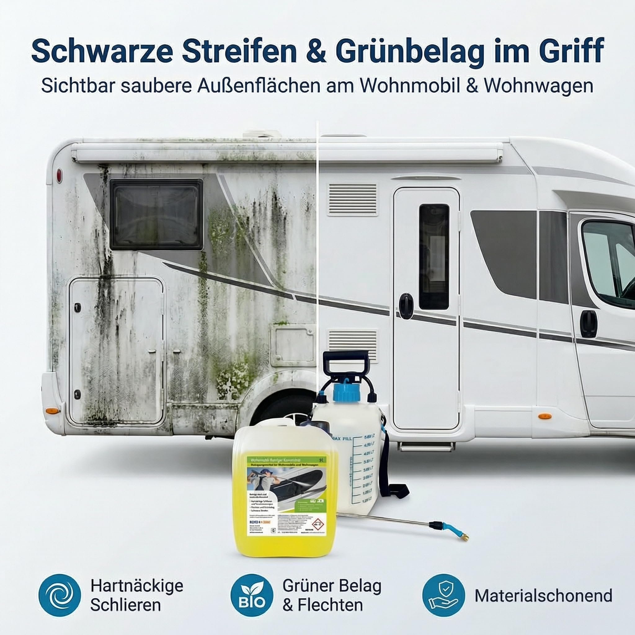 Richter Chemie Wohnwagenreiniger außen Konzentrat, Wohnmobil Außenreiniger & Caravanreiniger, 5L Kanister + Drucksprüher mit Lanze, bis 1:10 mischbar, ca. 50L