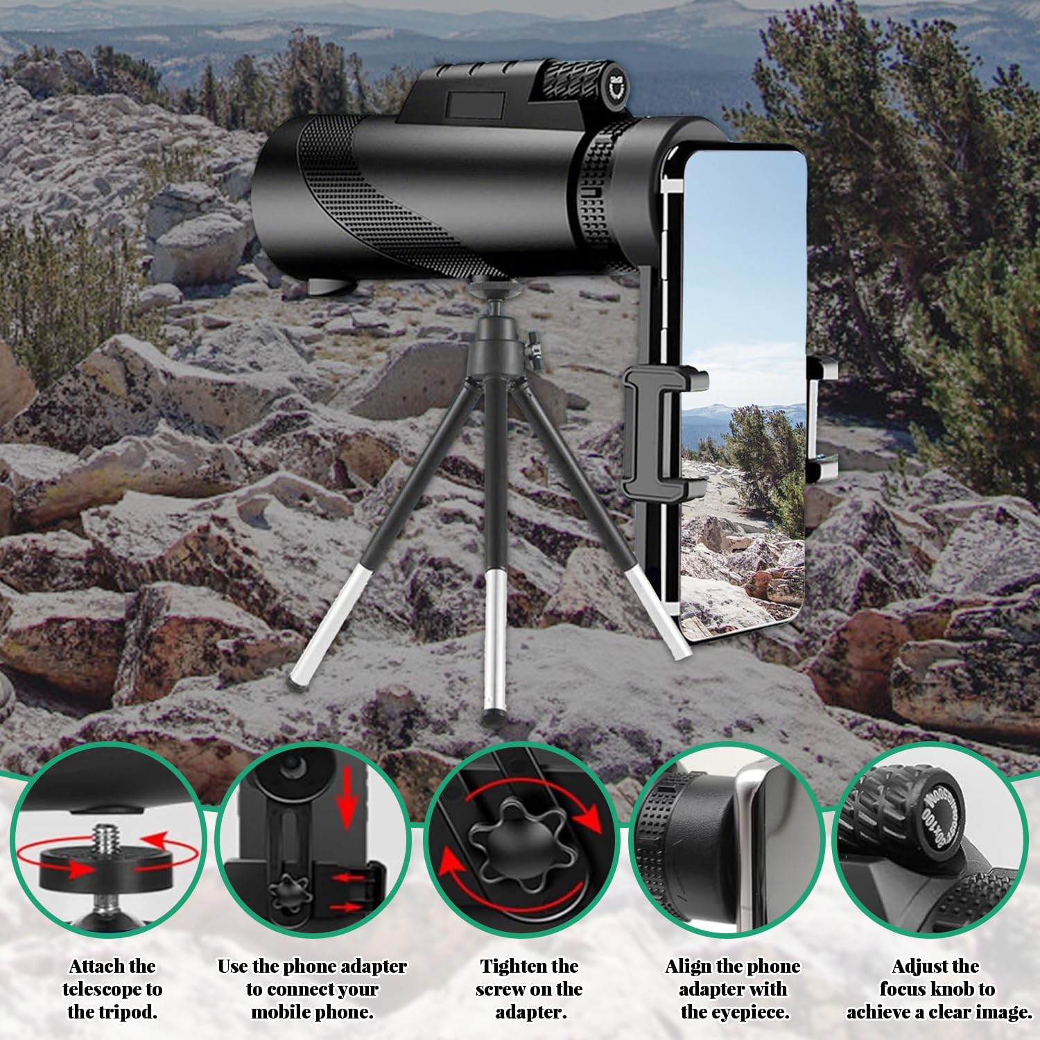10-30X50 Zoom Monokular Teleskop, Fernrohr Kompakt Monokulare, Handlich Monokulares Teleskop, Monokular Teleskop, mit Smartphone Halter Stativ, für Wildtiere Vogelbeobachtung Wandern Jagd Camping