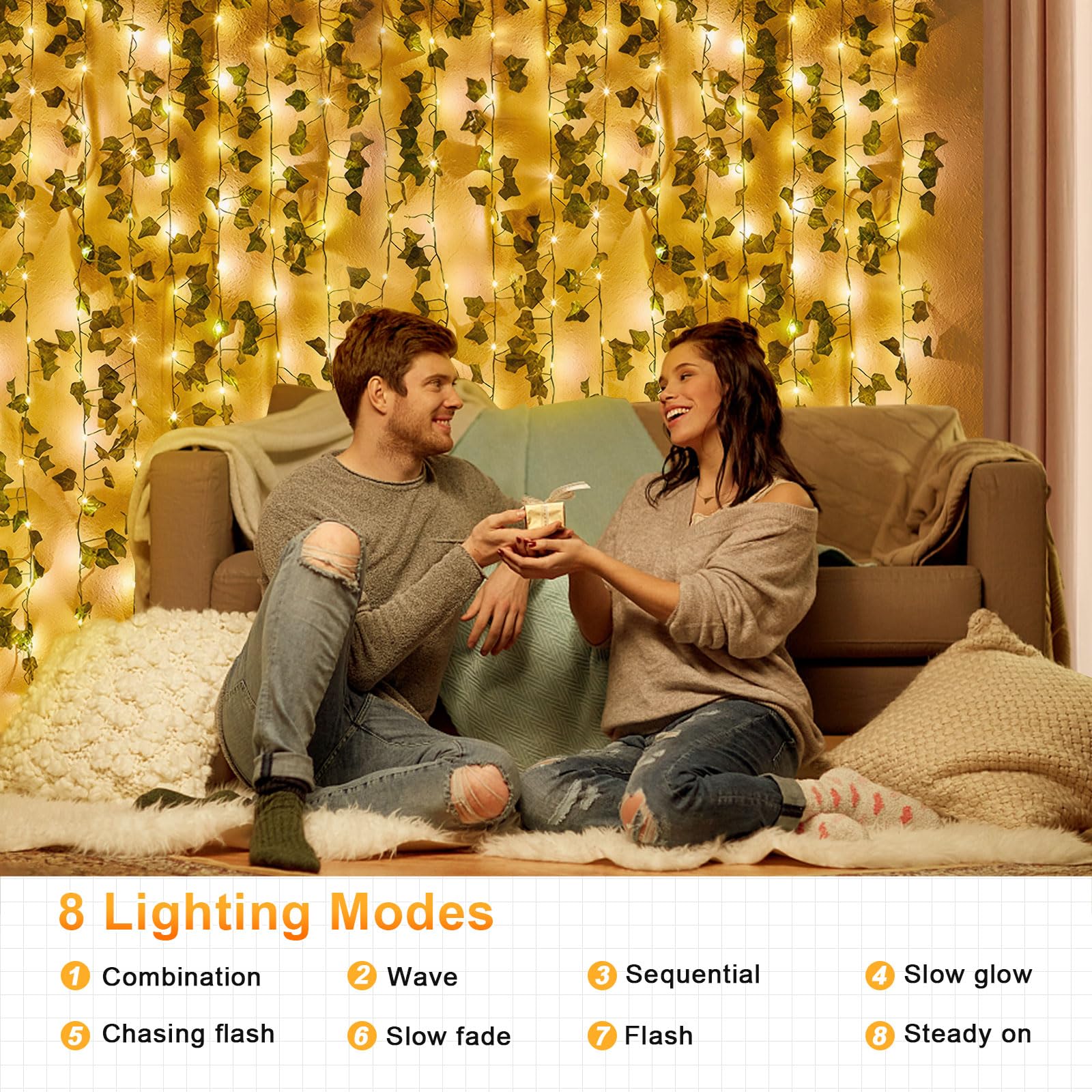 Qoosea Luci a Stringa Solari 12M 100 LED 8 Modalità Ghirlanda Luci di Fata Foglie di Edera Artificiale Impermeabile Decorazione Catena Luminosa Solare per Giardino Cortile Balcone Festa Natalizia