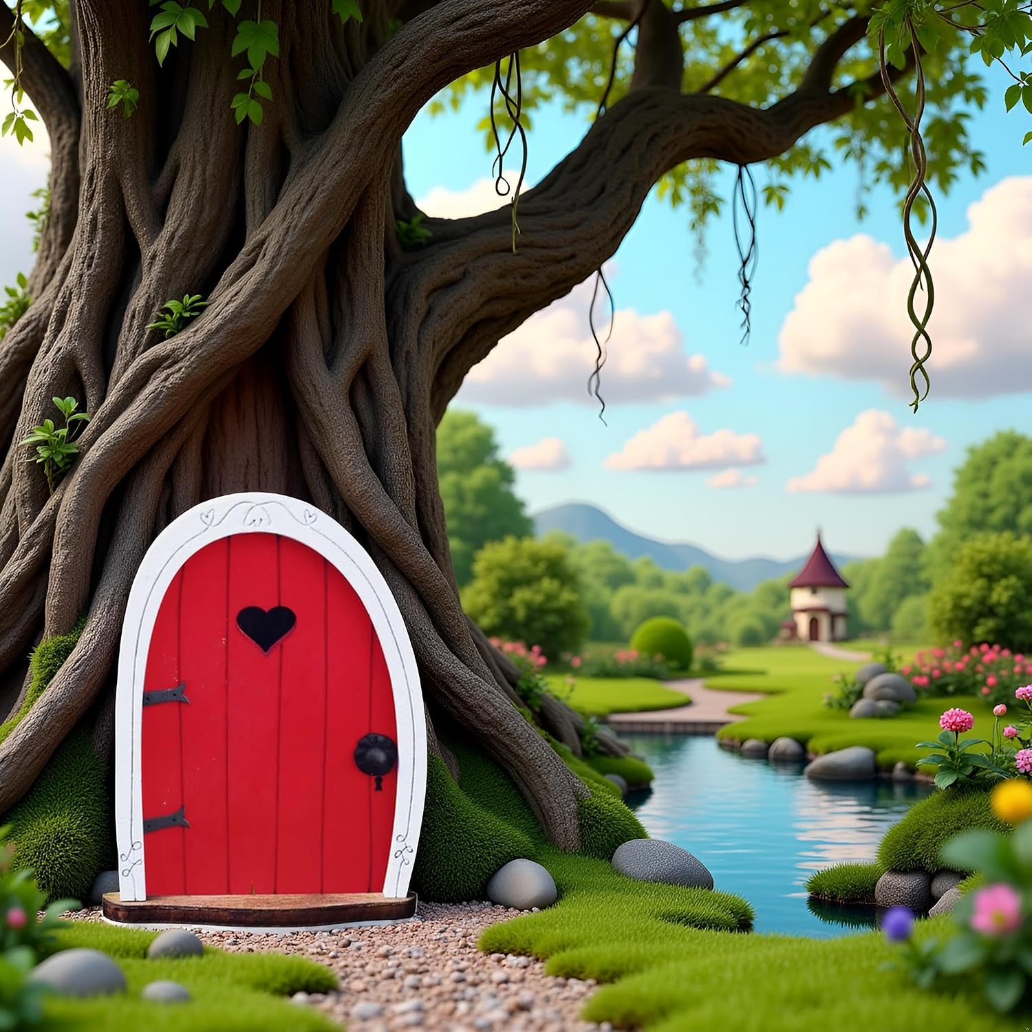 Jinshining Red Streak Mini Fairy Garden Door for Tree, 3D Miniature Fairy Door for Fairytale Tiny House Doors, Bonsai Terrarium Micro Landscape Decoration Accessories Garden Miniatures