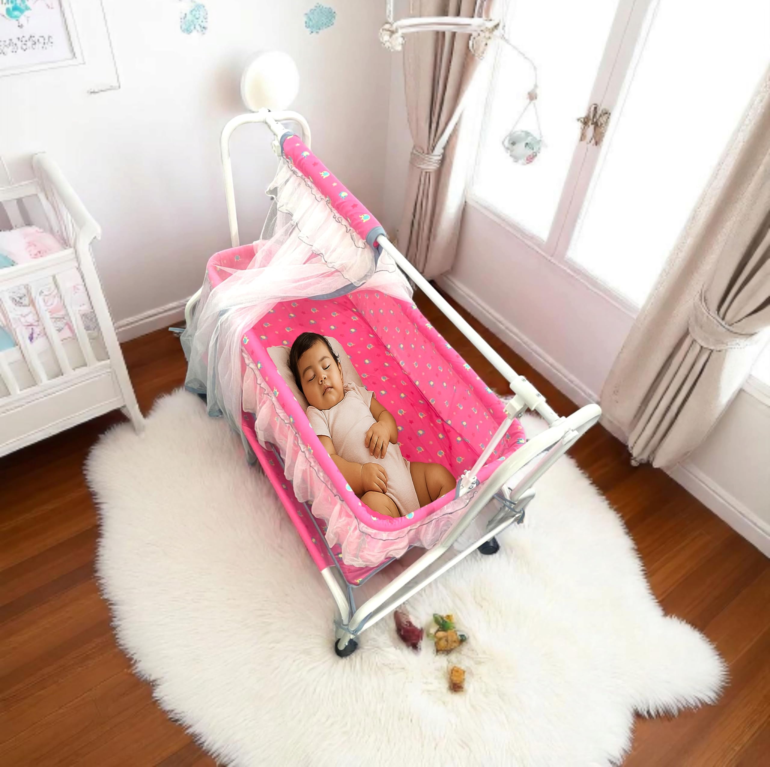 Kiddery Maia | Cradle for Baby | New Improved Mattress Design | Mosquito Protection Net | Smooth Swing | All Wheel Lock | Palna | Jhula | Uyyala| 0-10 Months | Pink