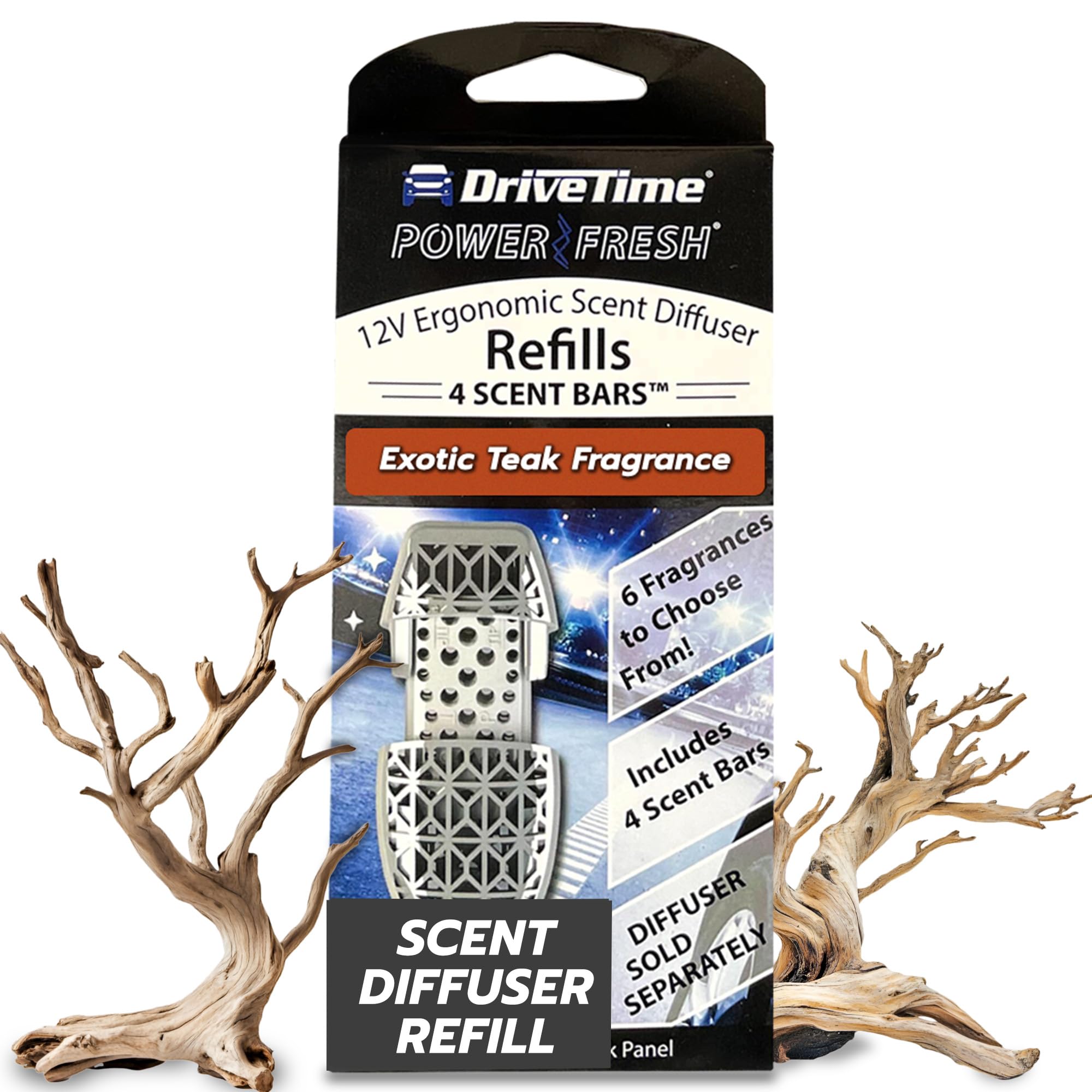 Reusable 12V Plug-in Car Air Freshener Refill – Power Fresh, Auto Shut-Off, Plug-In Convenience, No Batteries Needed – Includes 4 Scent Bars for Up to 30 Days of Freshness – Exotic Teak