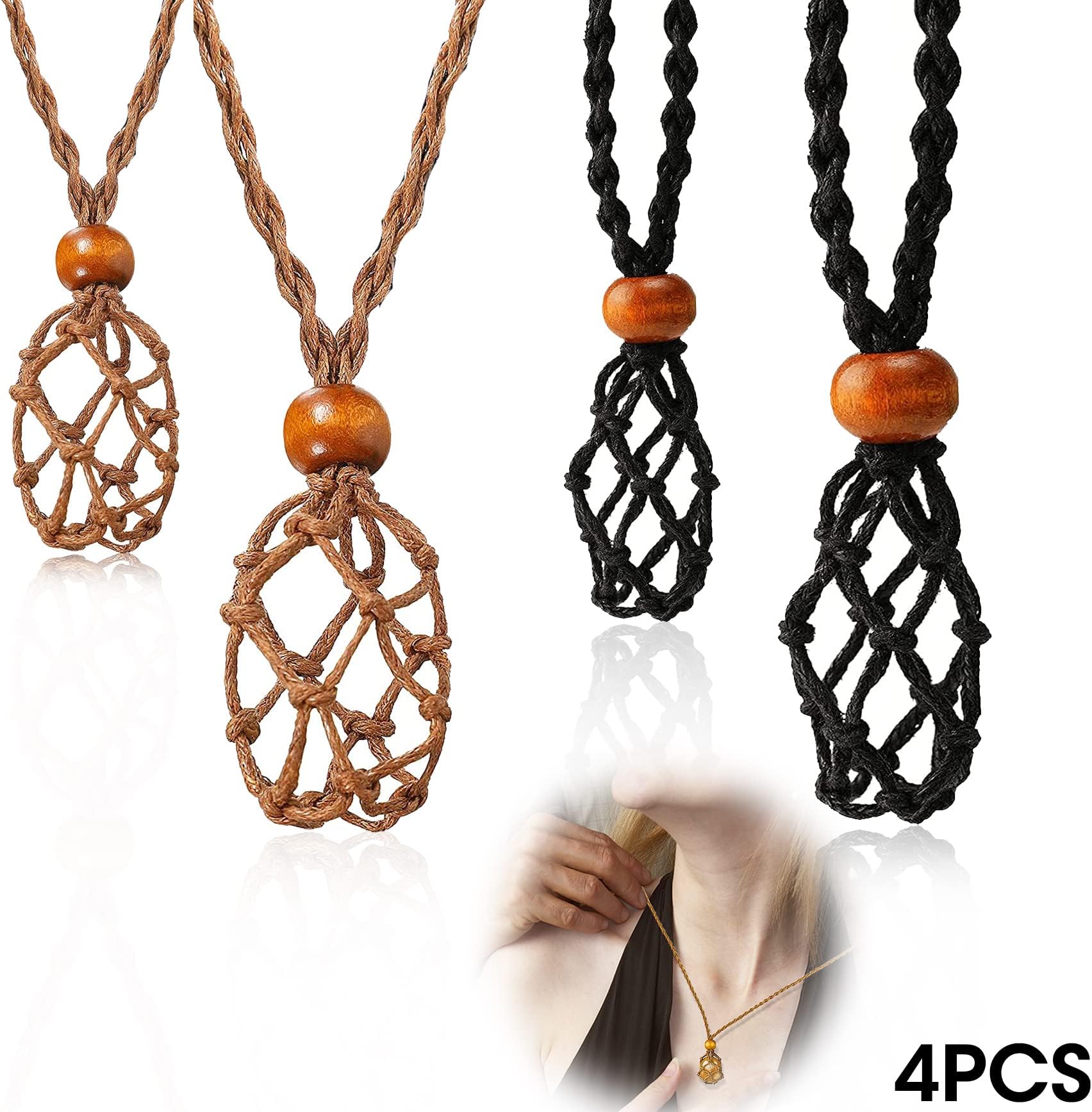 GinfonrGinfonr 4 Pack Necklace Cord Empty Stone Holder Empty Necklace Cage Holder Quartz Crystal Stone DIY Necklace Cord, Adjustable Cord Necklace Cord for Bohemian Stone Necklaces Jewelry Making