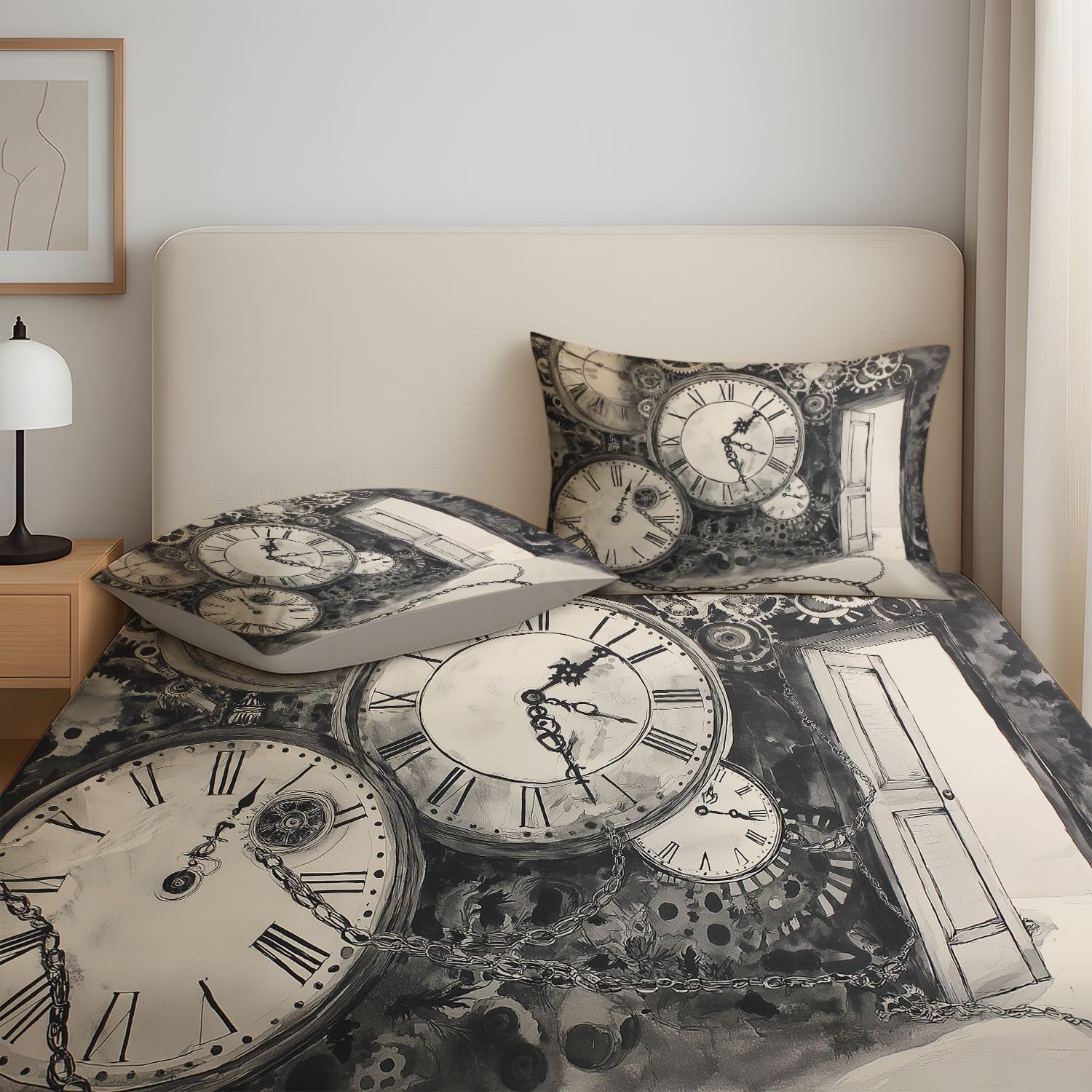 Grau Spannbettlaken Abstrakt Uhr Zahnräder Ketten Blatt 180 x 200 cm x 30 cm, Bettlaken für Mädchen Jungen Teenager,Vollständig elastisches Spannbettlaken Schlafzimmer Dekor