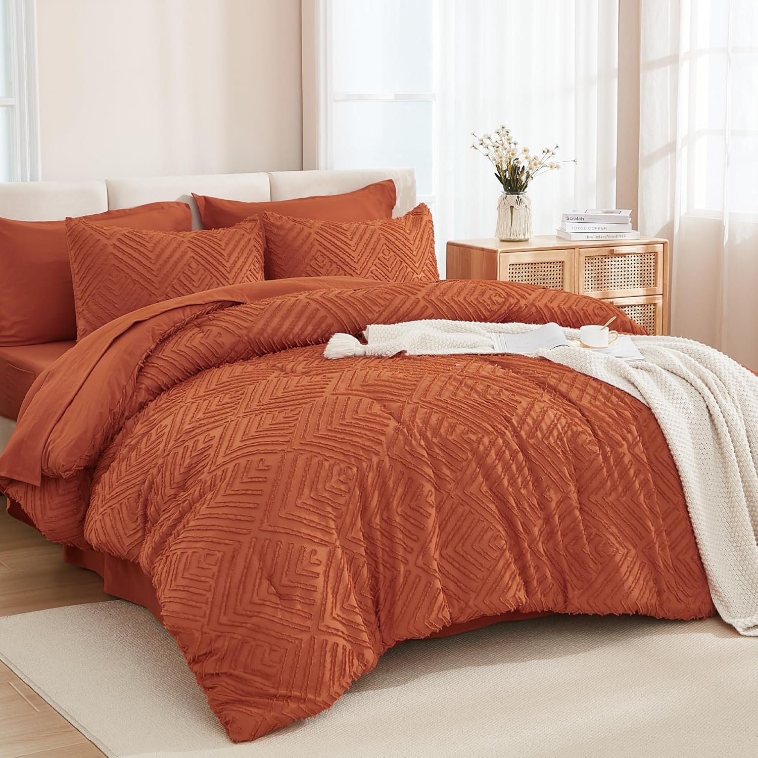 Andency Queen Comforter Set Burnt Orange - 7 Pieces Bed in a Bag Queen Boho Terracotta Beddding Comforter Sets, Rust Tufted Bed Set with Comforter, Sheets, Pillowcases & Shams Burnt Orange Queen (90"x90")