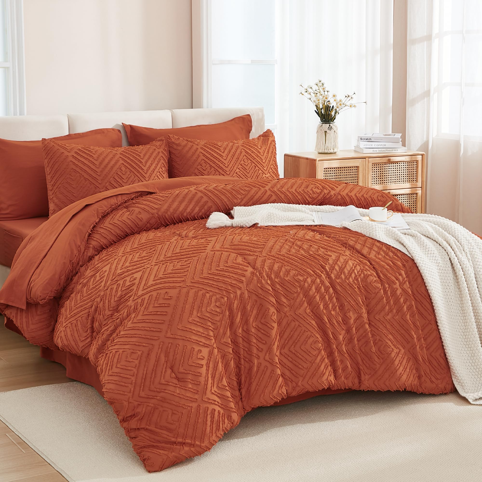 Andency Super King Comforter Set Burnt Orange - 7 Piece Oversized King Bed in a Bag Boho Terracotta Tufted Bedding Sets, Rust Bed Set with Comforter, Sheets, Pillowcases & Shams