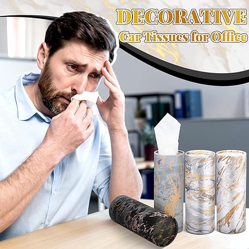Vista 12 de Thenshop Paquete de 12 soportes para pañuelos de automóvil, con estampado de mármol, cajas redondas cilíndricas con servilletas de 3 capas, tubos