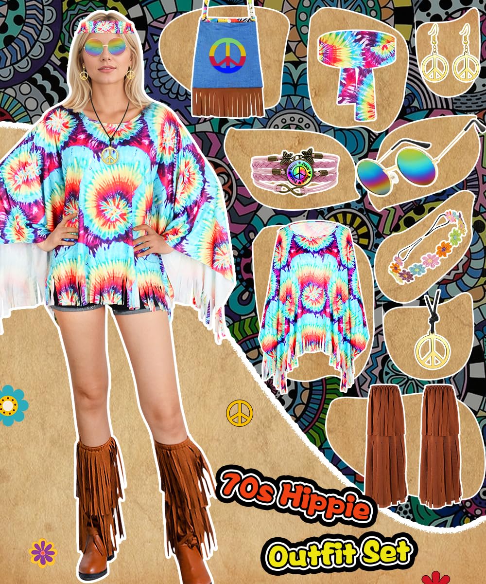 Disfraz Hippie Mujer, Conjunto de Disfraz Hippie Años 60, Disfraces de Hippies para Mujery Otros Accesorios, Hippies Capa Años 70 de Discoteca para Fiestas y Halloween