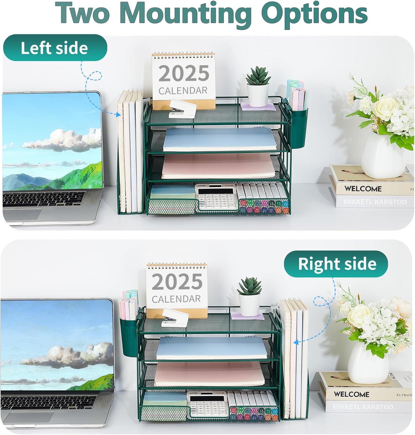 OPNICE Desk Organizer, 4-Tier Desktop File Organizer with Drawer and 2 Pen Holders, Office Desk Accessories, File Sorters, Workspace Organizers for Office Supplies(Dark Green)