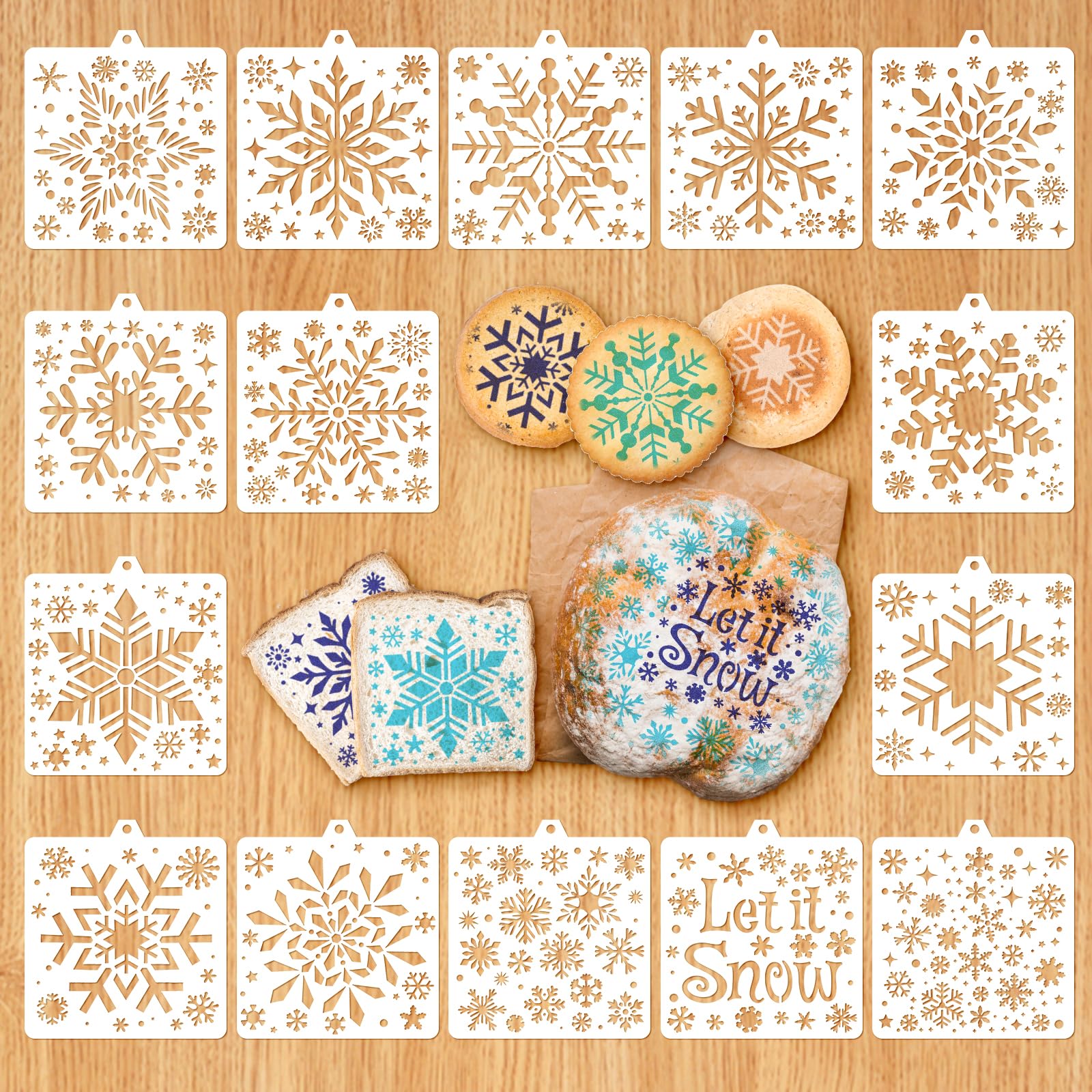 Pochoirs flocon de neige Whaline (15 pièces) avec chaîne perlée pour déco de Noël