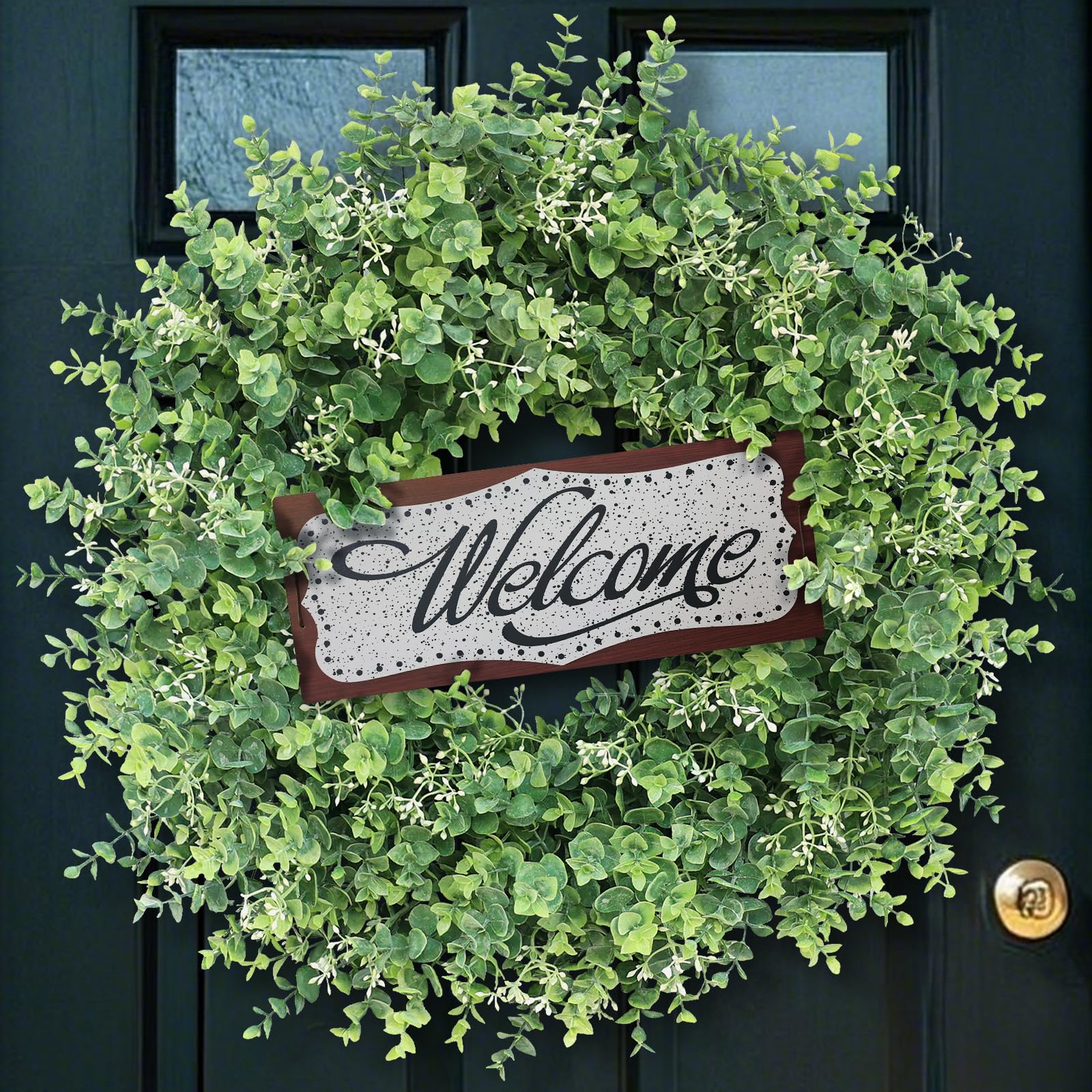 26'' Artificial Eucalyptus Wreath with Welcome Sign for Front Door (Green)