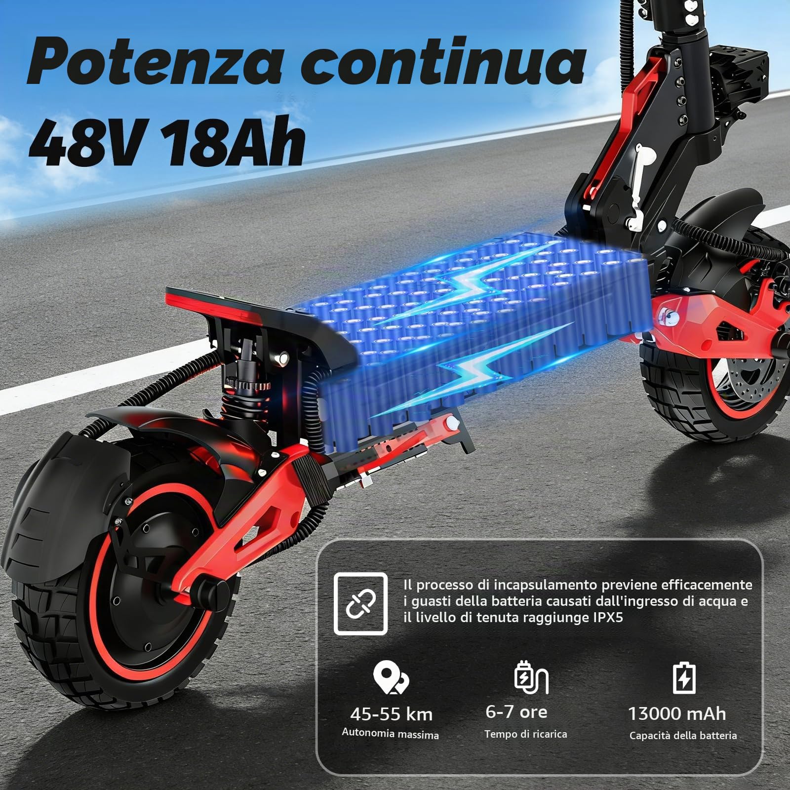 Monopattino Elettrico Adulto Fuoristrada, Ruote 11 Pollici, Autonomia 45-50KM, Doppia Sospensione, Doppio Freno a Disco, Pieghevole, Batteria 48V, Scooter Elettrico per Città e Off-Road
