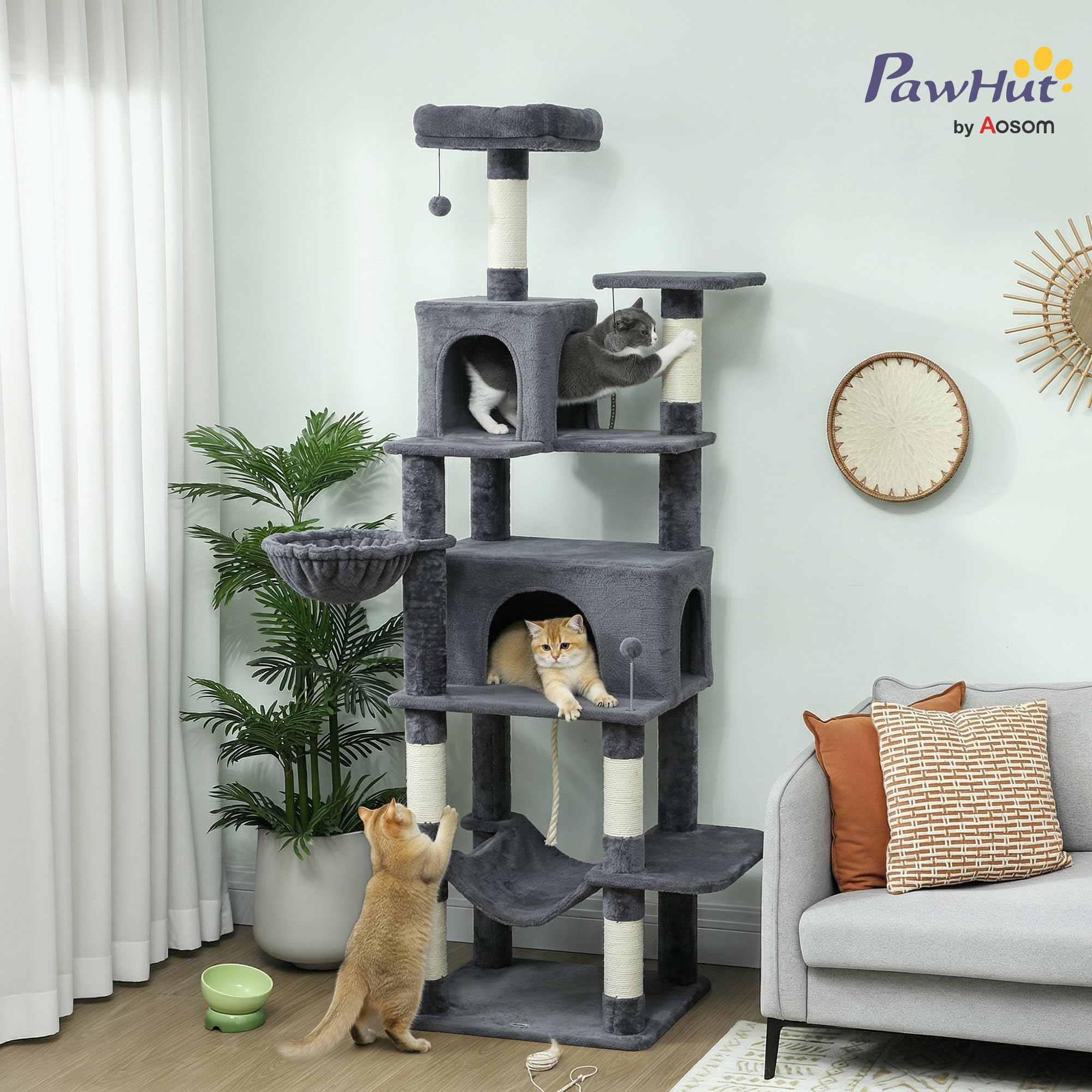 PawHut Tiragraffi per Gatti Alto 202 cm con 6 Pali Graffiatoi Grigio Scuro | Albero per Gatti, 2 Grotte, 2 Cucce, Amaca, 3 Pompon, Piattaforma e Corda, Torre per Gattini, Peluche, Per Gatti Adulti