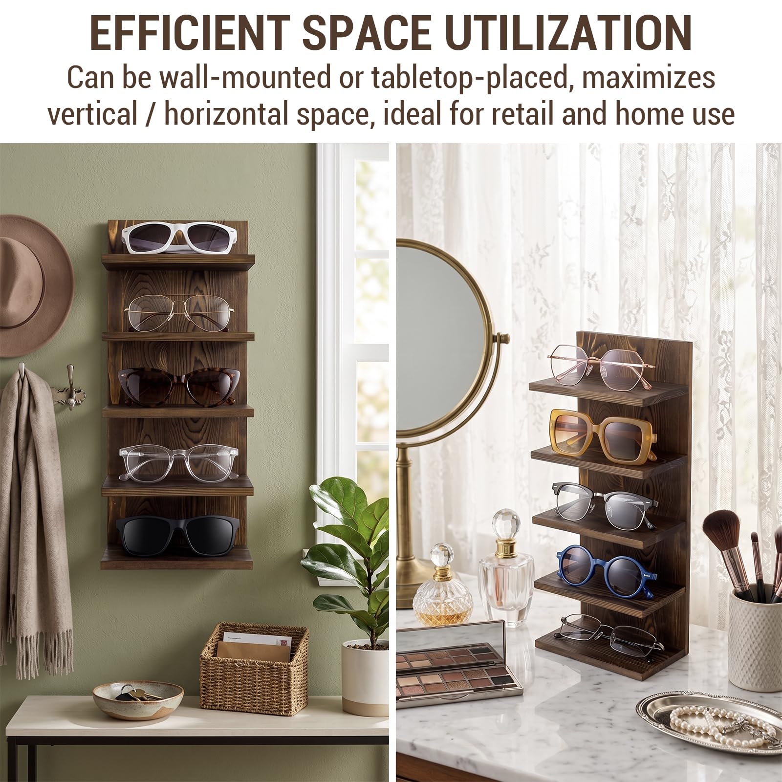 5-Tier Sunglasses Organizer Wall Mounted Wood Eyewear Case Display Box Wall Mounted Wooden Collectible Display Case w/ 5 Shelves main image 4