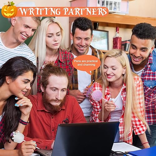 Miniatura 7 de Outus 16 bolígrafos de Halloween con diseño de calabaza, fantasma, murciélago y calavera, bonitos bolígrafos de felpa con pompón de 0.039 pulgadas