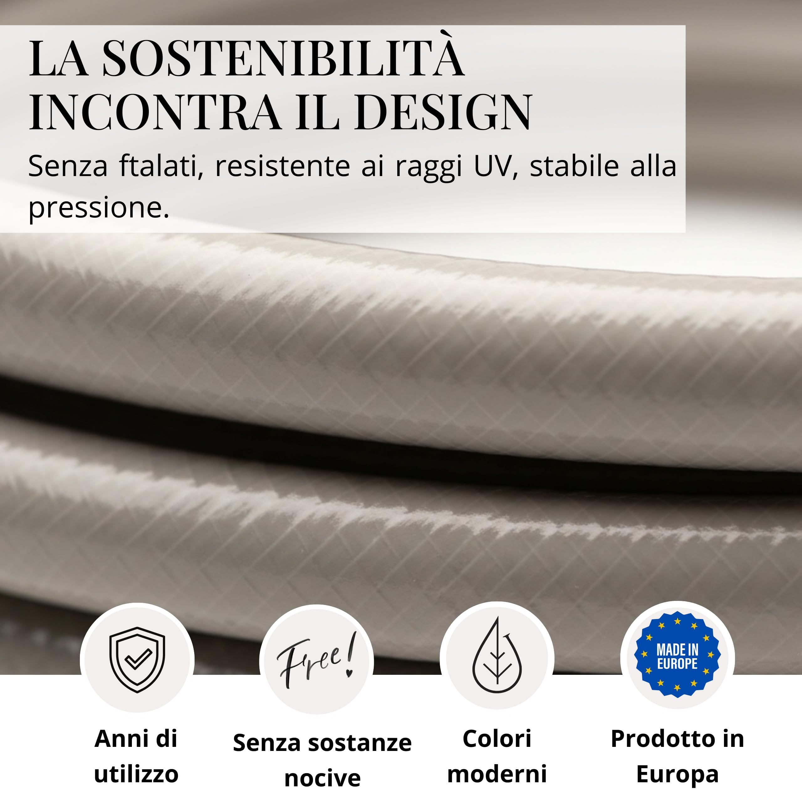 LIVLIG Tubo da Giardino 20m Design – Tubo Irrigazione Flessibile, 60% Riciclato, Resistente UV, Anti-Torsione, 1/2 Pollice, Greige