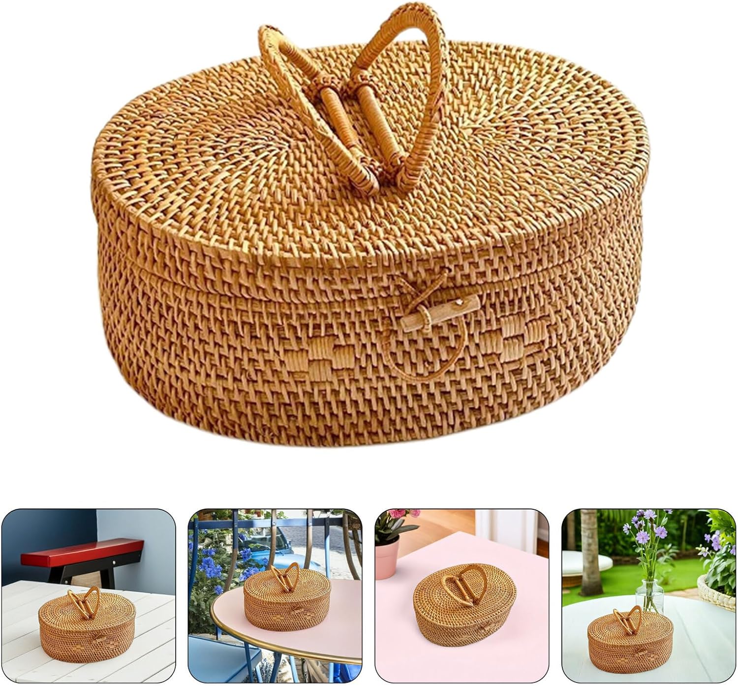 Uonlytech Rattan Woven Storage Basket with Handle and Lid 30x22x12cm Oval Picnic Basket Outdoor Snack Organizer Portable Wicker Carry Box for Kitchen and Travel