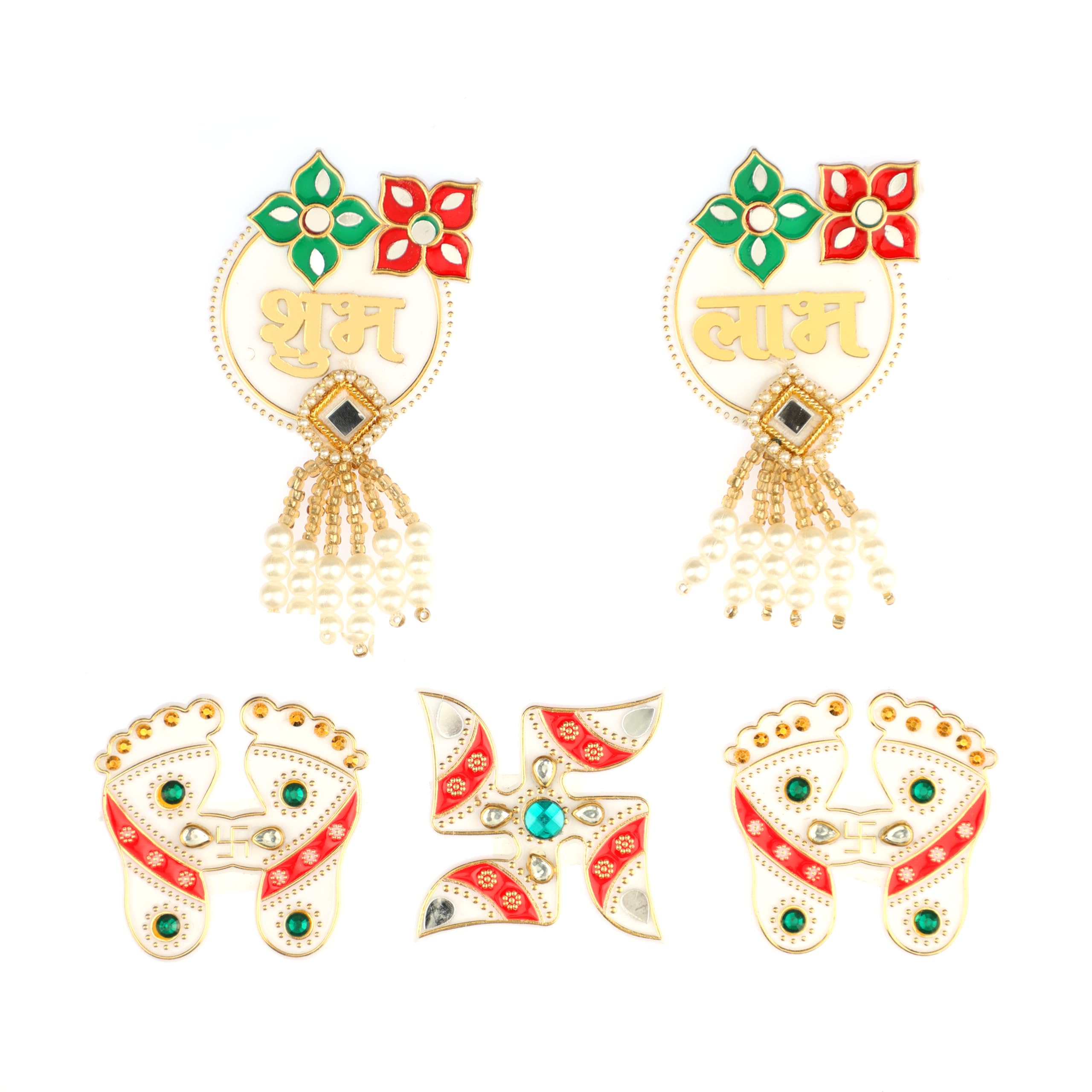 Shubh Labh Decorative Floor Rangoli Hanging Combo - Laxmi Charan Swastik Acrylic Indian Traditional Home Decor Gift for Festivals (6'')