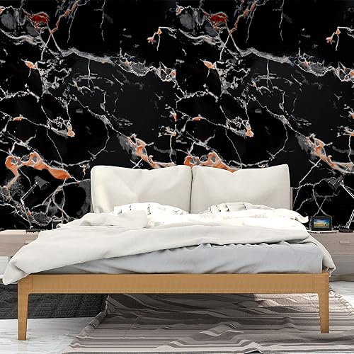 Miniatura 3 de Papel tapiz de granito de mármol negro y gris (23.6 x 118 pulgadas), película de vinilo autoadhesiva extraíble, papel decorativo para despegar y