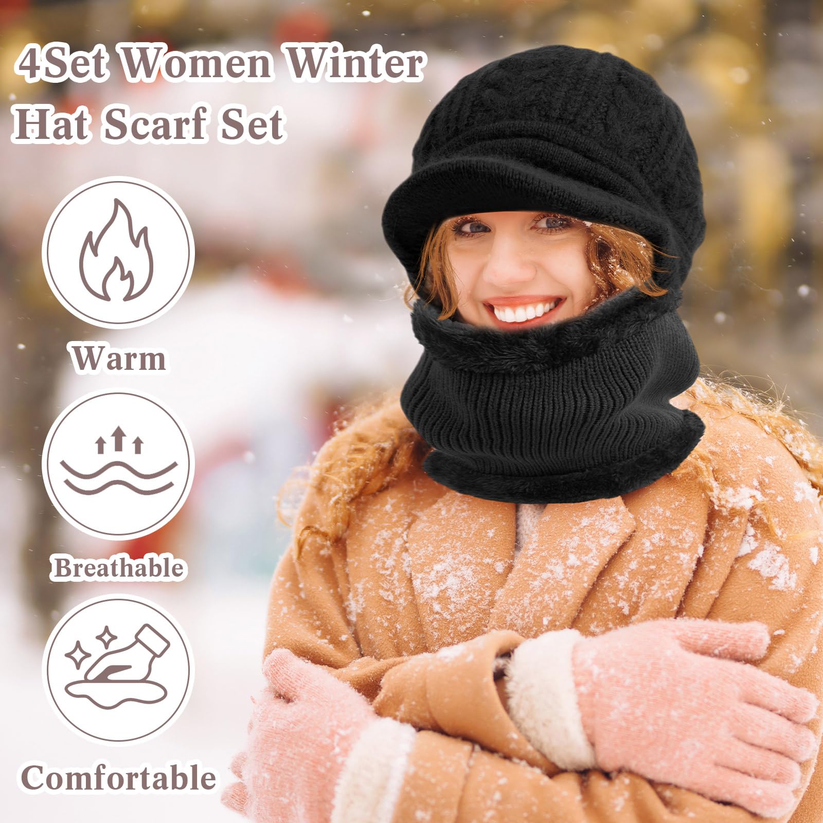 Hicarer 4 Set Damen Mütze Schal Set Winter Warme Mütze Strickmütze mit Hals Kreis Schal Ski Schnee Hüte Warmfutter Slouchy Weich Halswärmer Solide Unisex für kaltes Wetter Outdoor Sport Skifahren