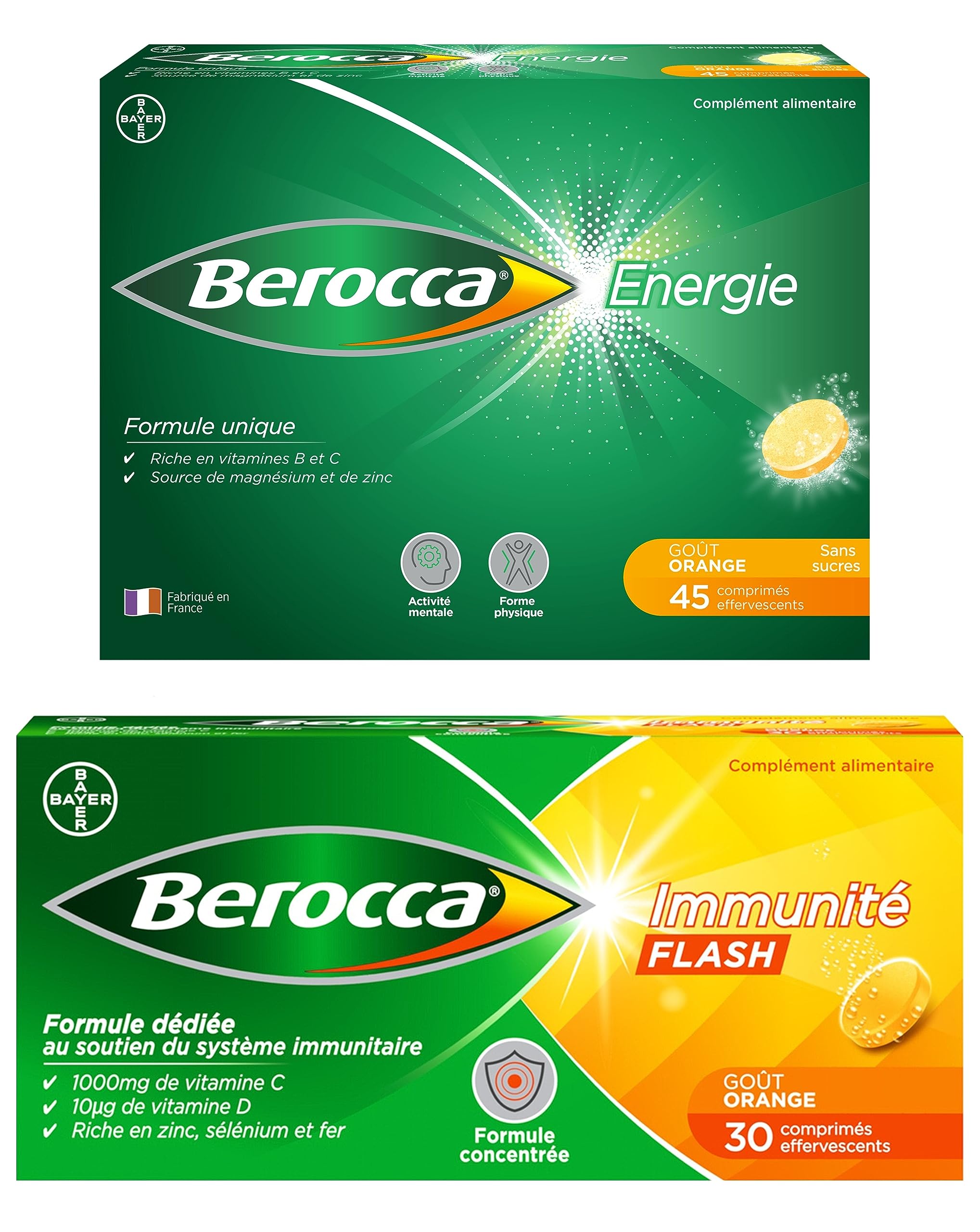 Berocca® Immunité Flash Sélénium, Fer + Berocca® Energie Orange - Multivitamines et Minéraux - Vitamine C et D - Zinc - Complément alimentaire 30 + 45 cp effervescents