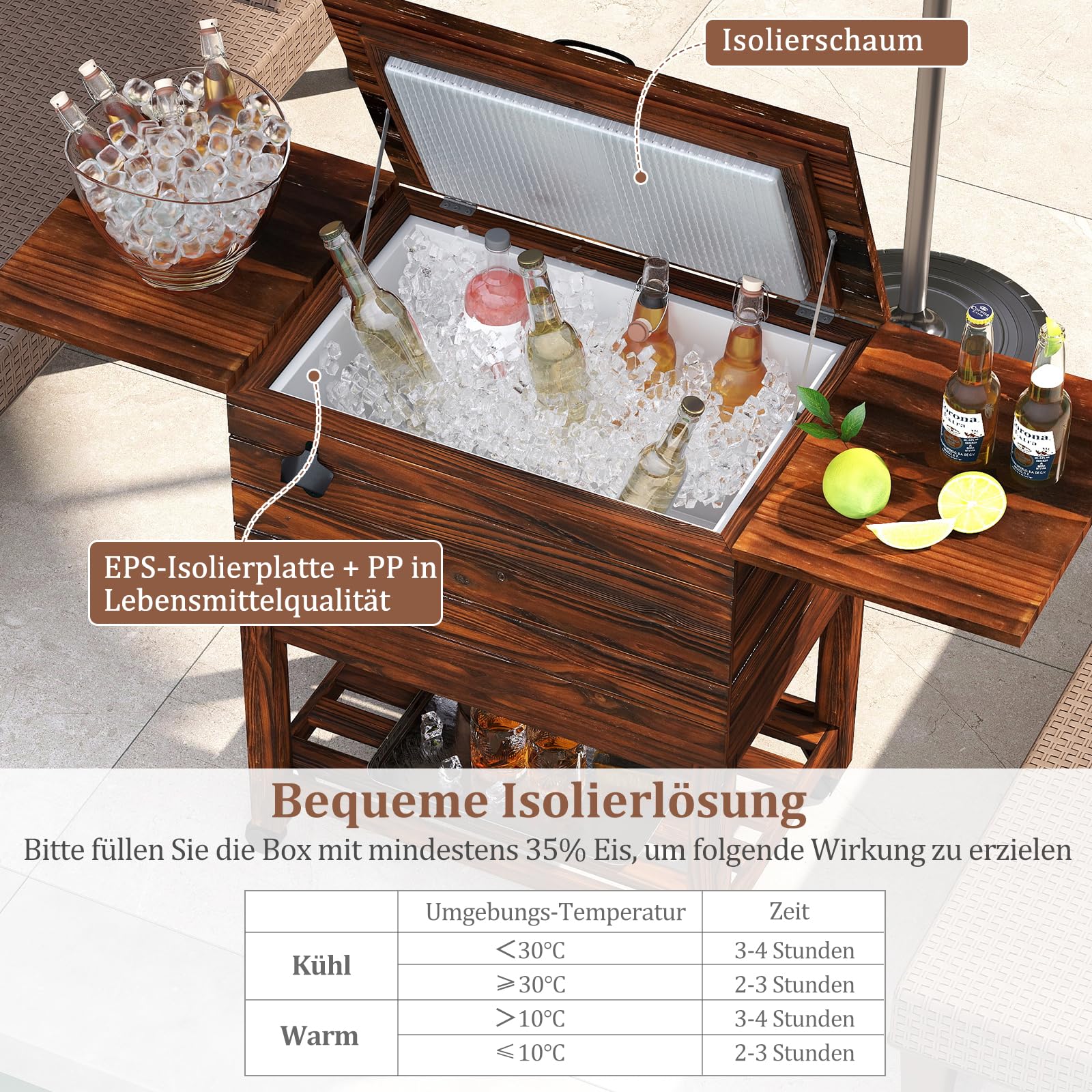 GYMAX 51L Kühlwagen, Servierwagen Kühlbox aus Holz mit 2 klappbaren Tischen, Flaschenöffner & abschließbare Rollen, Getränkekühler Outdoor für Poolbereich, Garten, Party