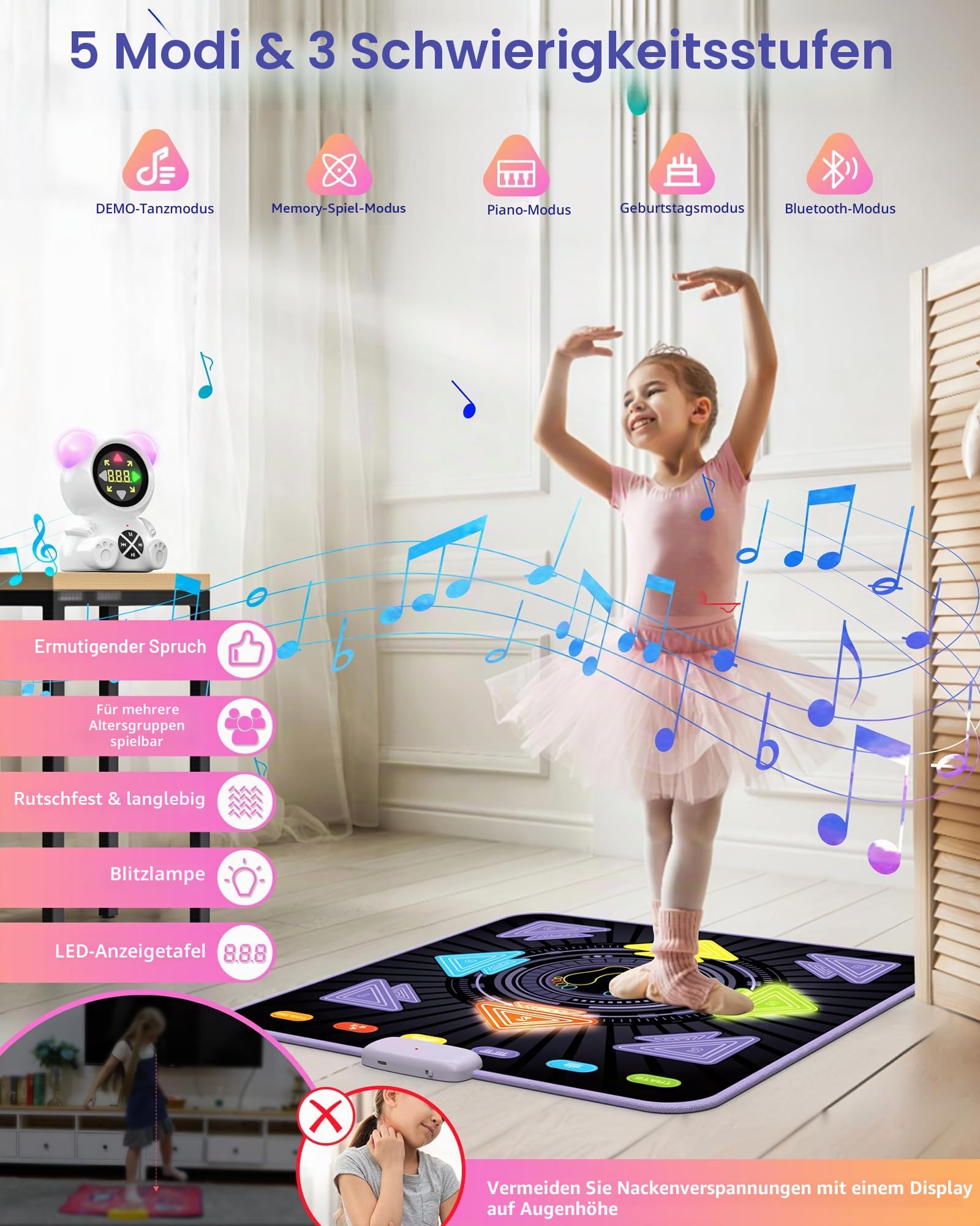 Tanzmatte Kinder - Wiederaufladbares elektronisches leuchtende Tanzmatte mit Bluetooth-Musikplayer & LED-Leuchten & T5 Spielmodi, Geschenk für Mädchen im Alter von 3-12 Jahren, Jungen