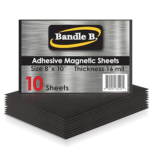 Bandle B. Magnetic Sheets, 8" x 10", Pack of 10. Flexible Magnetic Sheets with Adhesive Backing. Easy Picture Magnets. Thickness 16 mil.