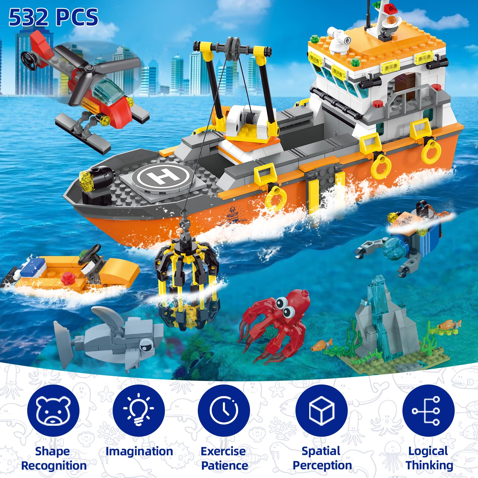 City Ocean Explorer Set Nave Da Costruzione Con Luci LED - 511 Pezzi Per Bambini 6+ Anni Con Elicottero E Sottomarino