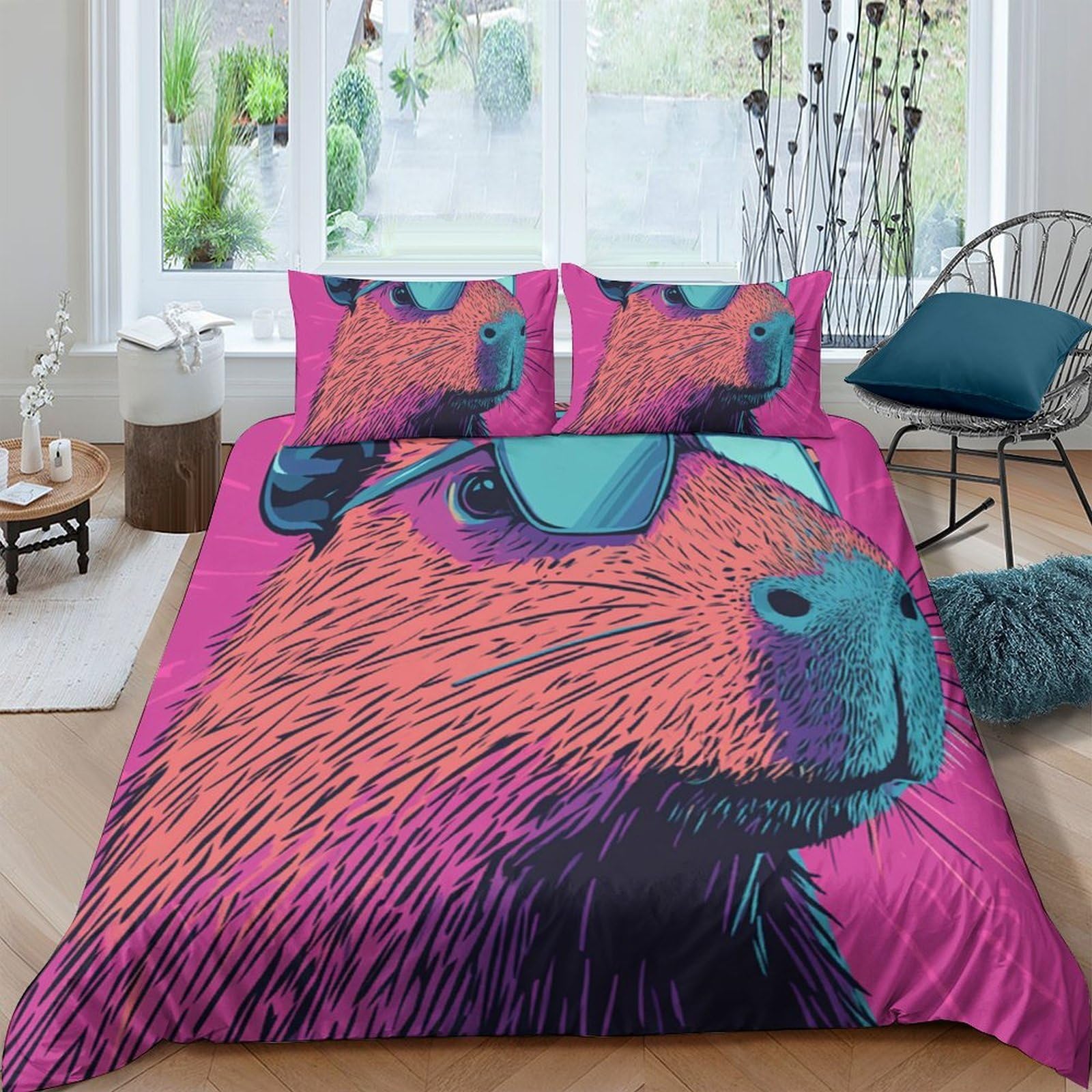 Ctjqhvkz Style-3 3D Printed Capybara Sunglasses Fitted Sheet Microfiber Vibrant Bedroom Decor Animal Mattress Cover Single（135X200cm）
