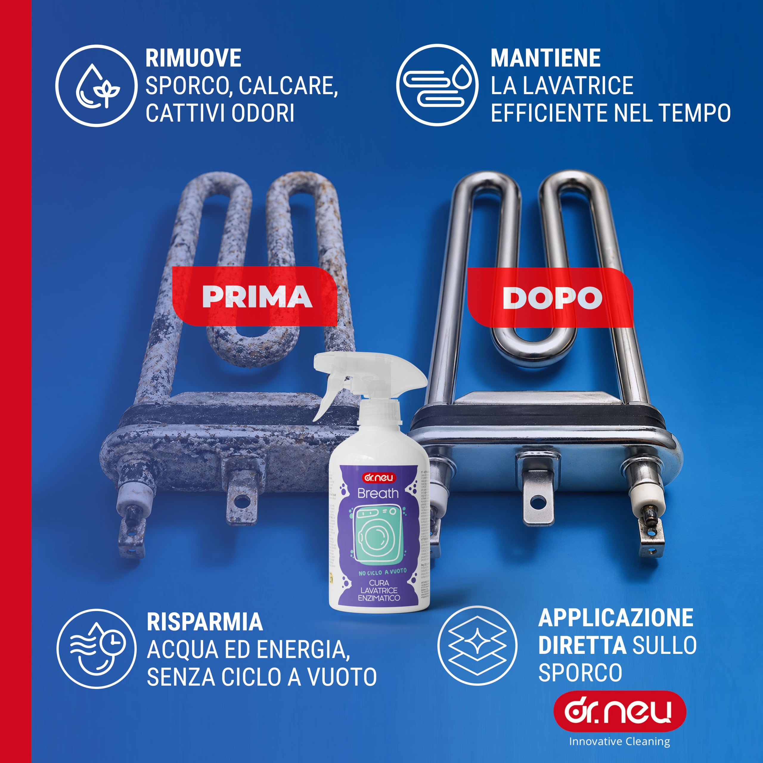 DR. NEU - Cura Lavatrice Igienizzante e Anticalcare Breath Spray Enzimatico Naturale, Senza Ciclo a Vuoto, Pulitore Lavatrice Contro Cattivi Odori e Sporco - Compatibile con Tutte le Lavatrici 500ml