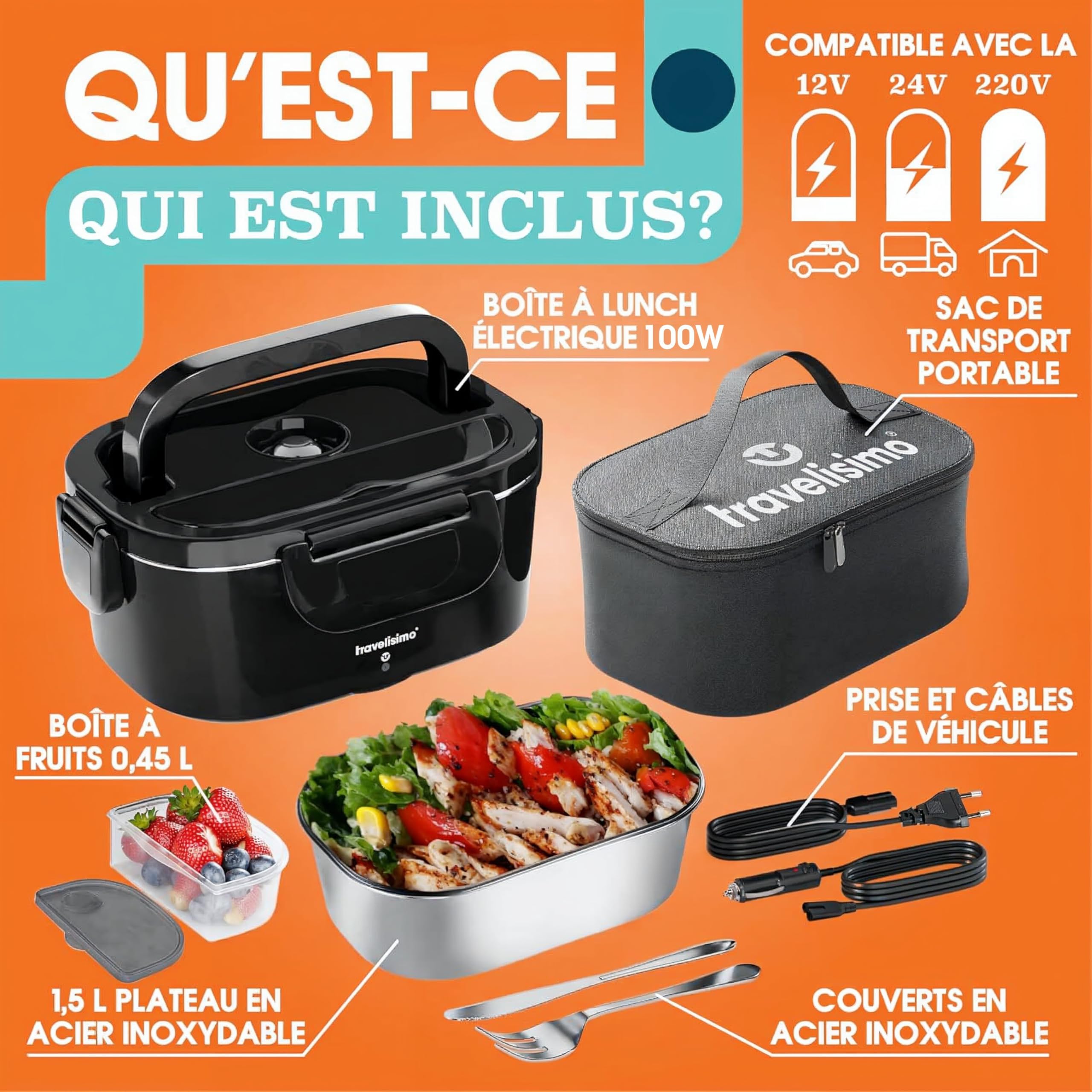 TRAVELISIMO Gamelle Chauffante 100W Lunch Box Chauffante 1,5L Boite Alimentaire Chauffante 3 en 1 220V 24V 12V, Bento Isotherme Chaud, Acier Inoxydable, Rechauffer Repas pour Voyage et Bureau