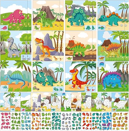 Gueevin Juego de 48 calcomanías de dinosaurios para niños, haz tus propias calcomanías de dinosaurios de 4 a 8 años, libros de pintura de