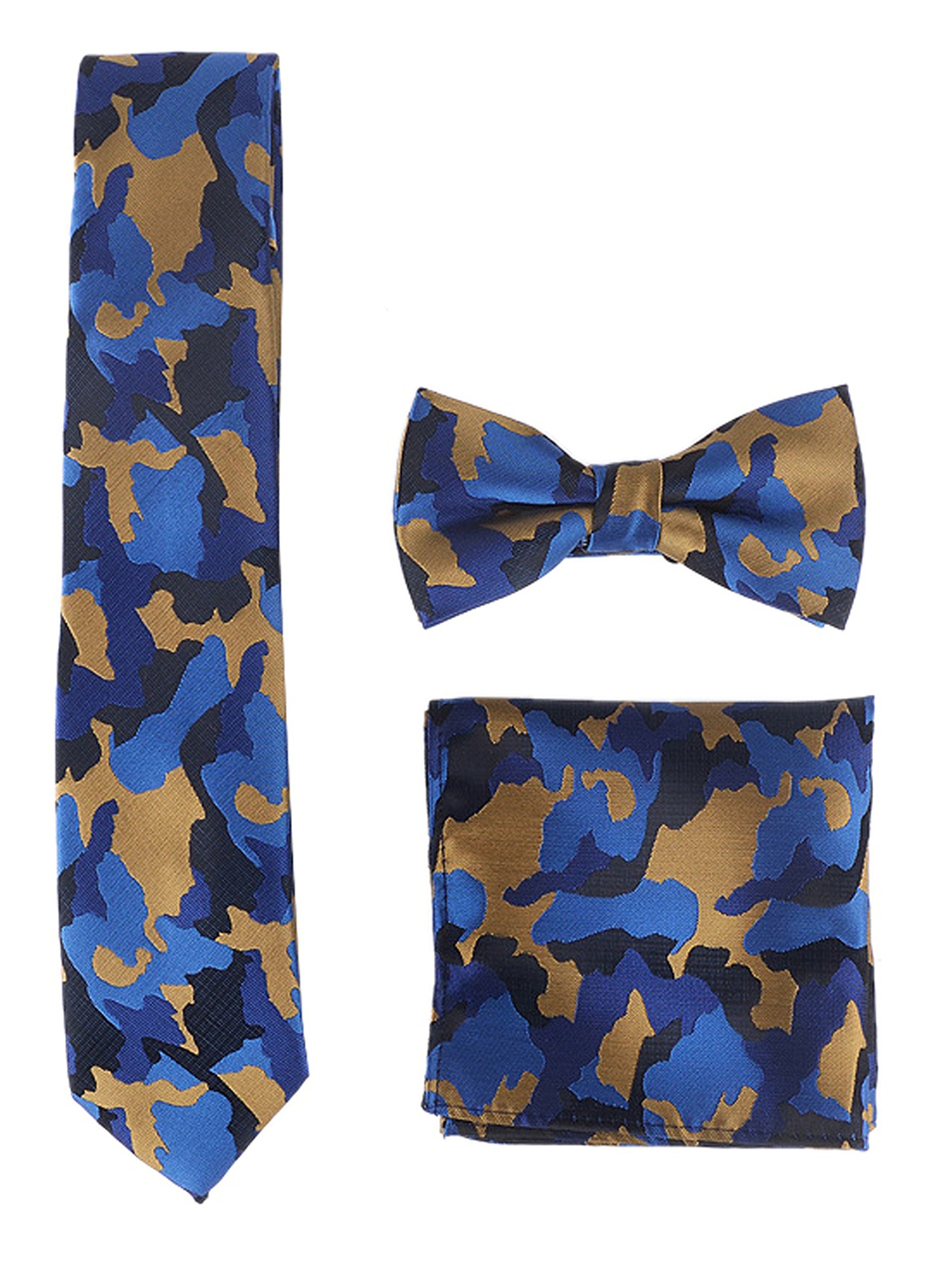 Wanying Men's Mt14 Classic 6 * 12Cm Bowtie & 6Cm Narrow Necktie & 22 * 22Cm Pocket Squares 3 In 1 Sets - Blue Camouflage
