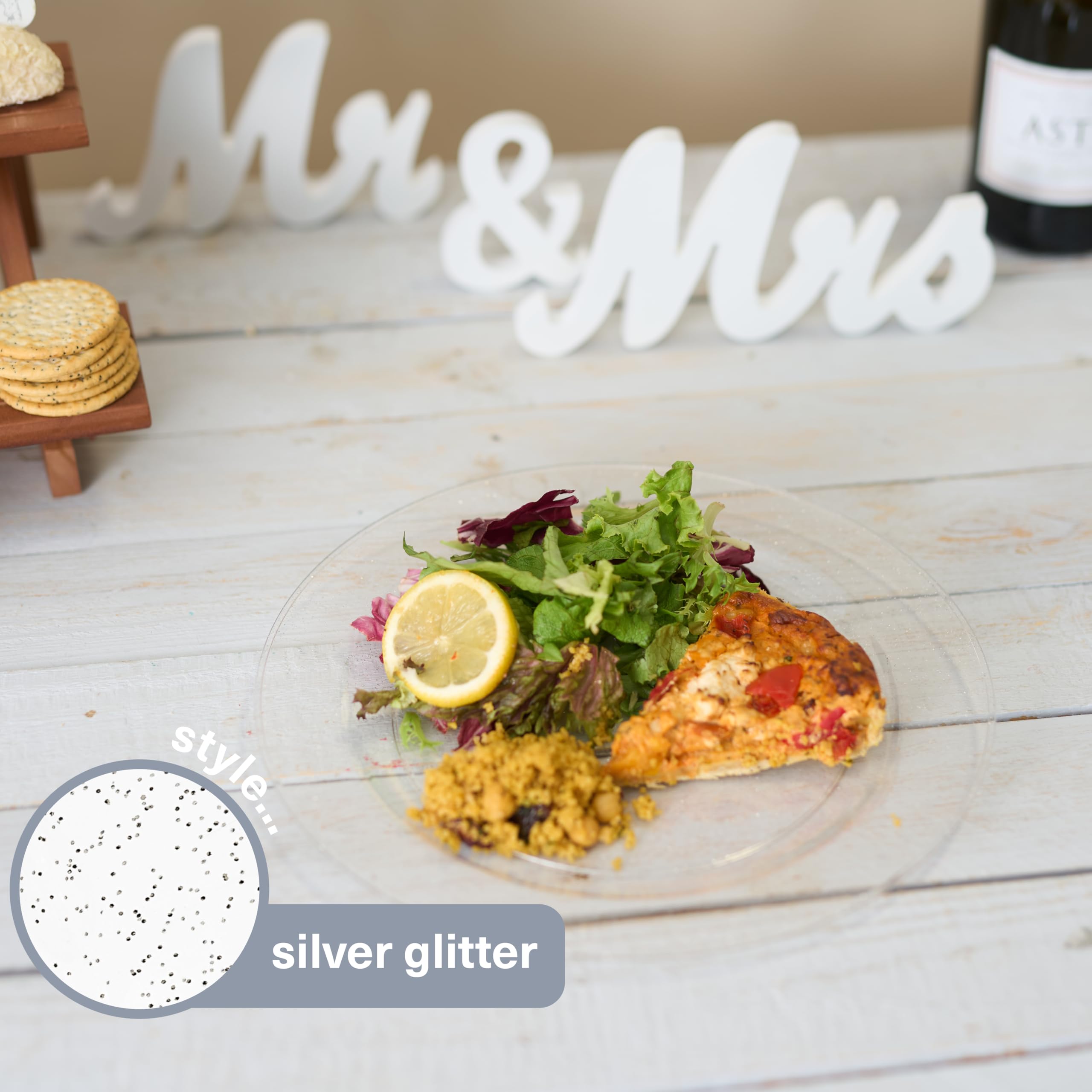 MATANA 25 Premium Clear Hard Plastic Dinner Plates with Silver Glitter, 26cm / 10 Inch - Image 3