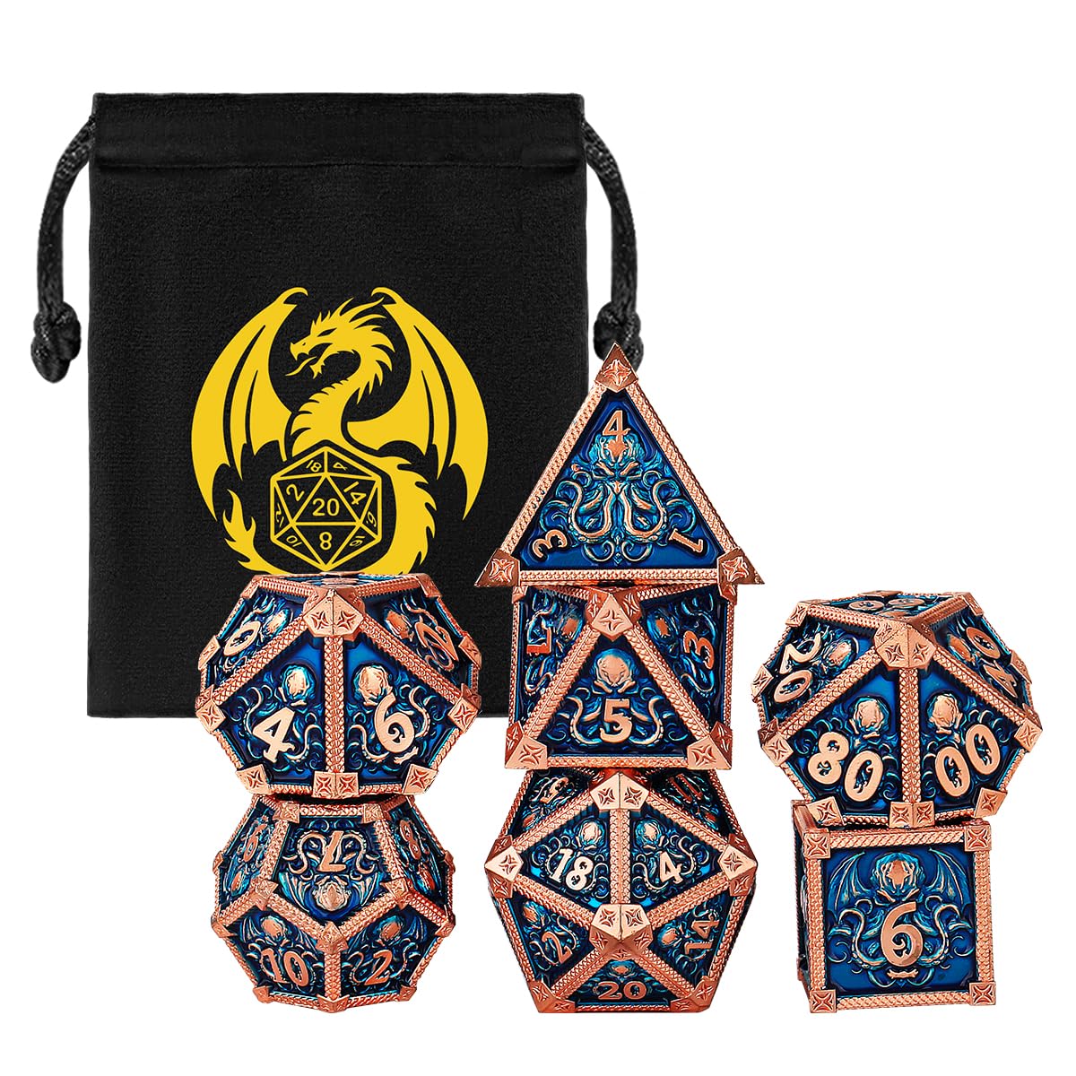 Metal Dice Set, Octopus Pattern, 7pcs Polyhedral Metal DND Dice Set, DND Starter Set, D&D Gifts with Gift Bag, Role Playing Board Games Accessories, Red Copper Border Blue