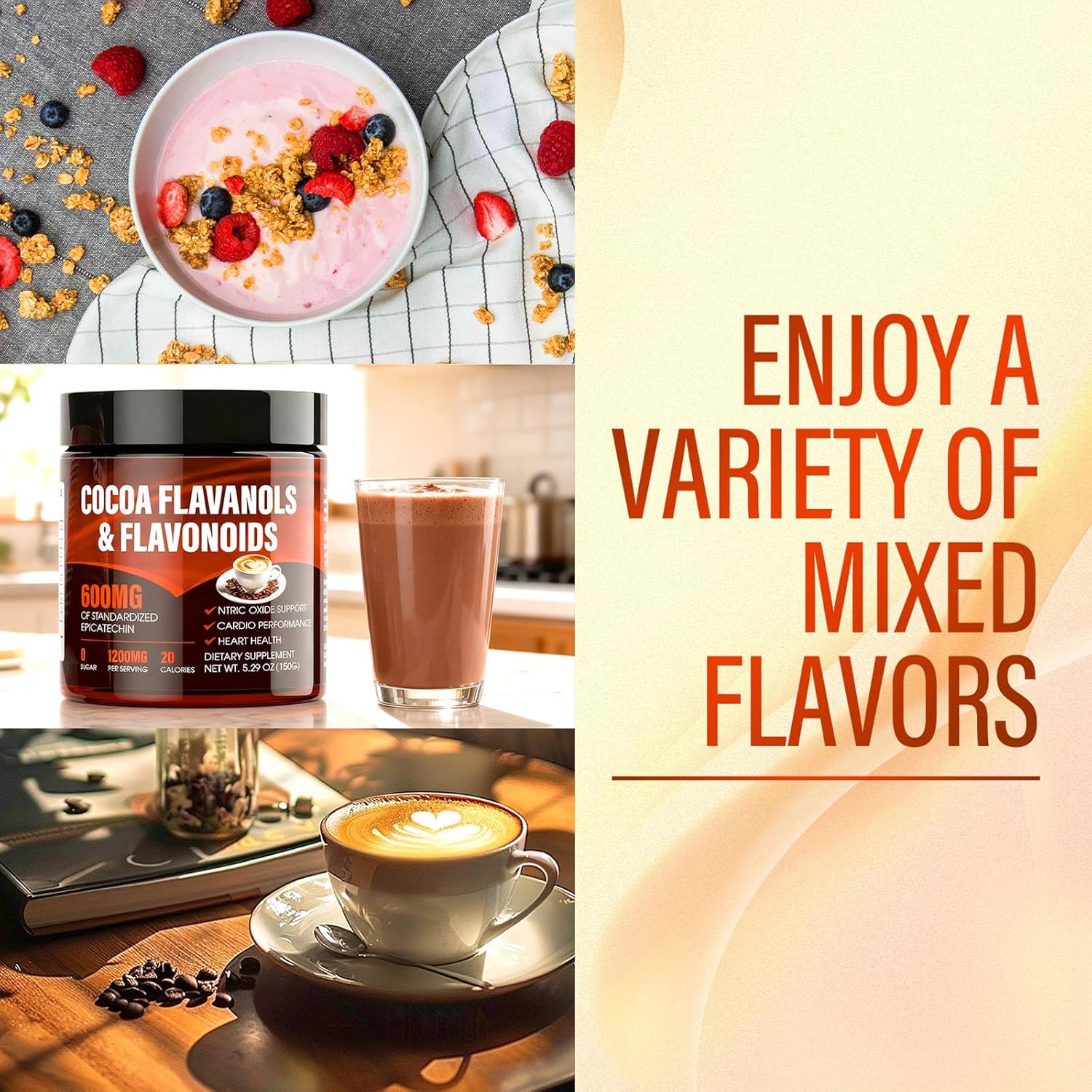 High Flavanol Cocoa Powder, 1200mg Cocoa Flavanols, Flavonoids & 600mg Epicatechin, Improve Circulation, Energy, Supports Heart Health & Brain Function (2, Gram, 300)