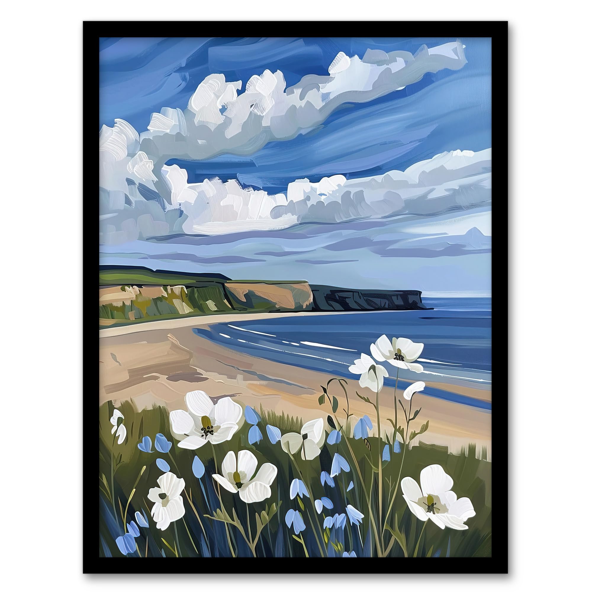 Artery8 Saltburn Hunt Cliff Yorkshire Wildflowers Digital Living Room Artwork Framed Wall Art Print 18X24 Inch