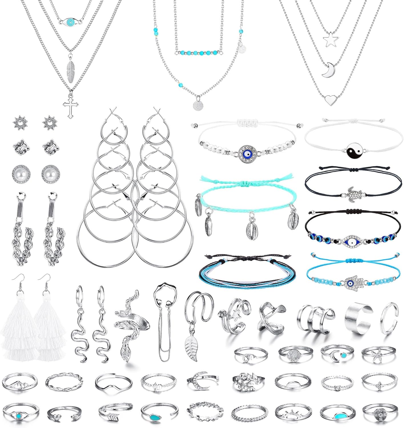 ORAZIO 52 Pcs Jewelry Sets for Women Layered Necklace Adjustable Braided Bracelets Set Dangle Stud Hoop Earrings CZ Stackable Knuckle Ring Set Fashion Ear Cuff Set Silver Gold Women’s Jewelry Sets
