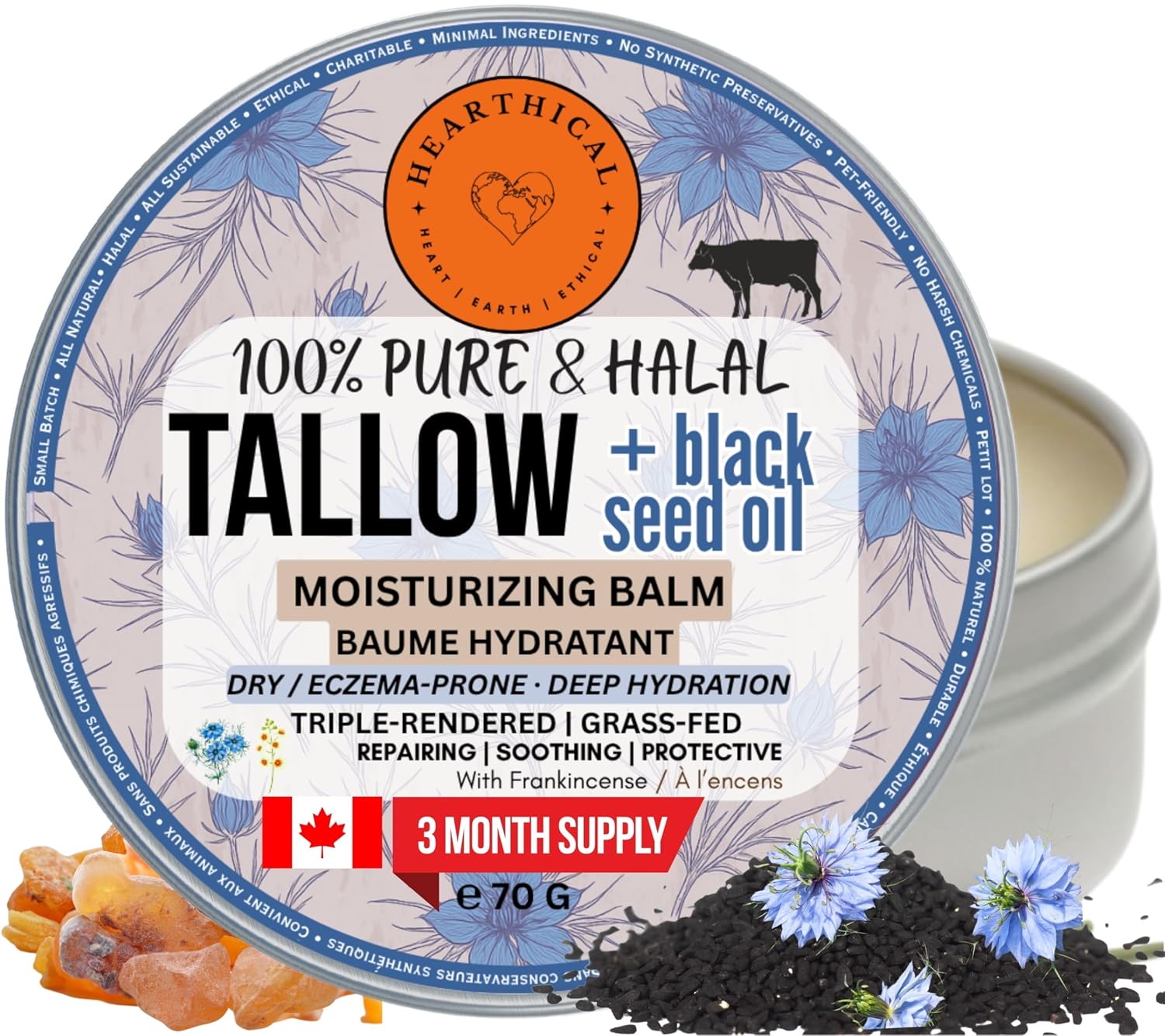 Halal Grass Fed Beef Tallow For Skin – 70g Organic Beef Tallow Moisturizer – Beef Tallow Face Moisturizer & Beef Tallow Face Cream – Pure Beef Tallow Balm with Black Seed and Jojoba