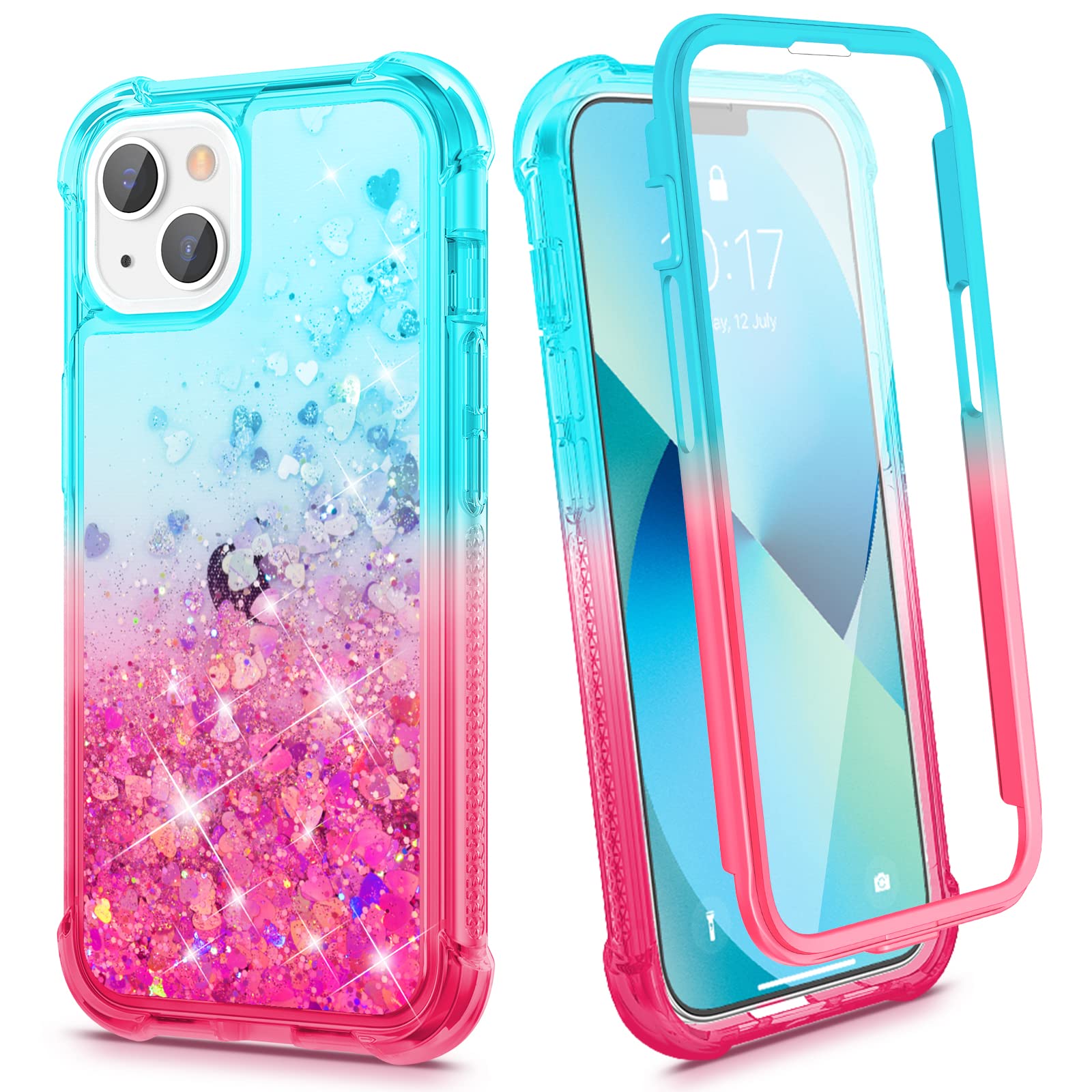 Ruky Glitter Case for iPhone 13 & 14, Full Body Rugged Cover with Built-in Screen Protector, Shockproof, Teal Pink