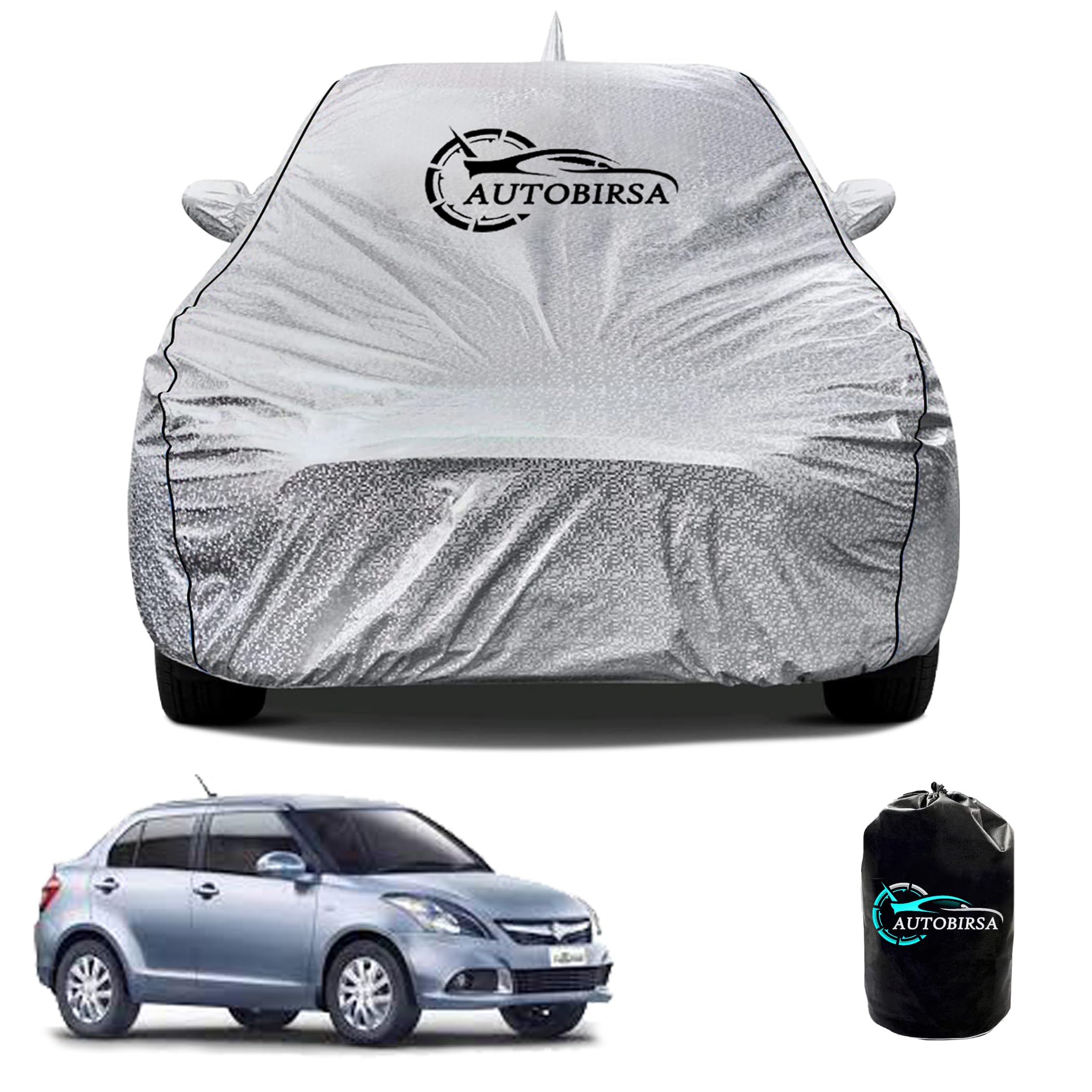 Waterproof Car Body Cover for Maruti Dzire 2012 to 2017 with Mirror and Antenna Pocket and Soft Cotton Lining (4 Side Elastic Triple Stitched & Metallic Silver with Black Piping Style)-picture-23