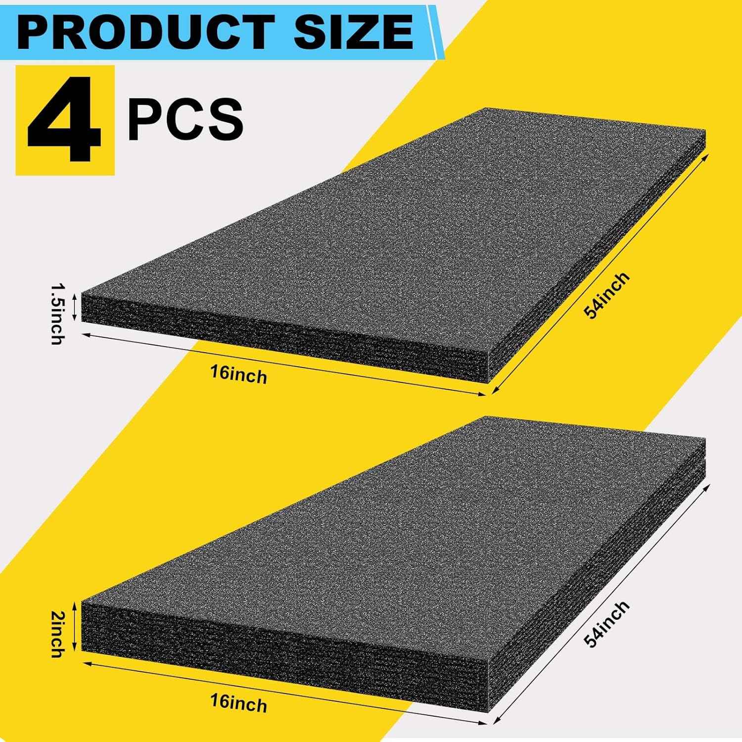 Yaomiao 4 Sheets Customizable Polyethylene Foam 54 x 16 x 2 and 54 x 16 x 1.5 Thick Black Packing Foam Inserts for Cases Thick Polyethylene Foam Sheet for Packaging and Crafts