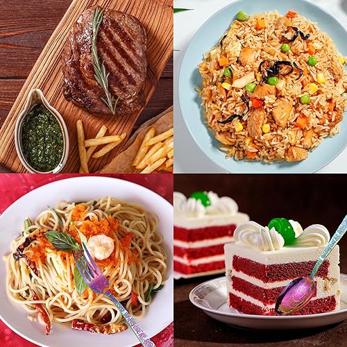 Miniatura 4 de XIANGEN Juego de vajilla de color de alta gama, 16 piezas de acero inoxidable arco iris, juego de vajilla con patrón, sirviendo a 4 personas, pulido