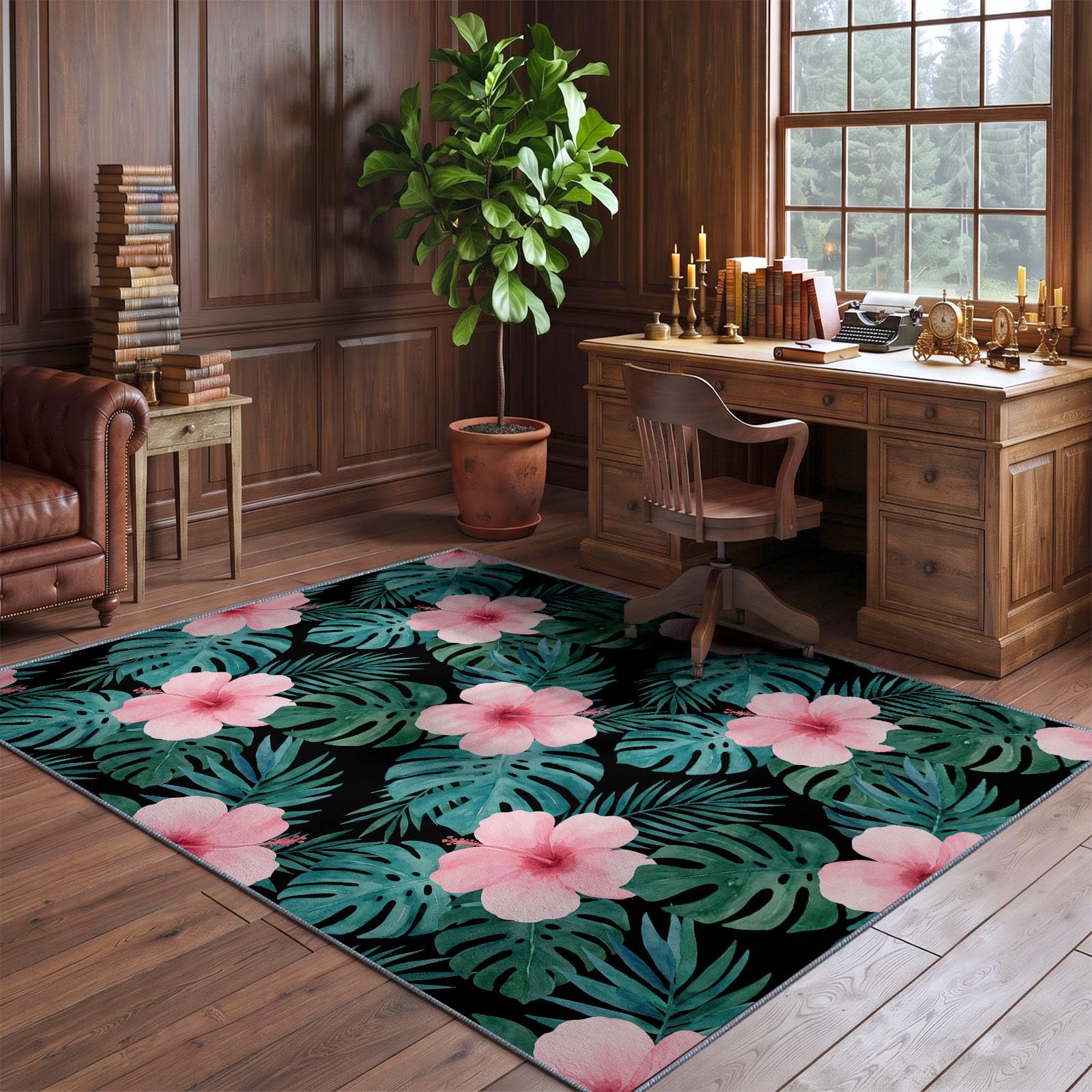 Tapis Lavable Machine Salon 80 x 150 cm, Antidérapant Sol Fleurs Tropicales Poil Bas Doux Feuilles Vertes Tropicales Hibiscus Motif Chambre Cuisine Entrée Salle Détente Décoration Maison, Noir